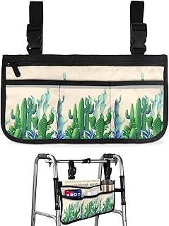 Tropical Cactus Wheelchair Side Bag Walker Bag, Summer Green Plants Beige Wheelchair Accessories Armrest Pouch, Organizer Storage Bag for Walkers, Rollators, Scooters, 7.3'x13'