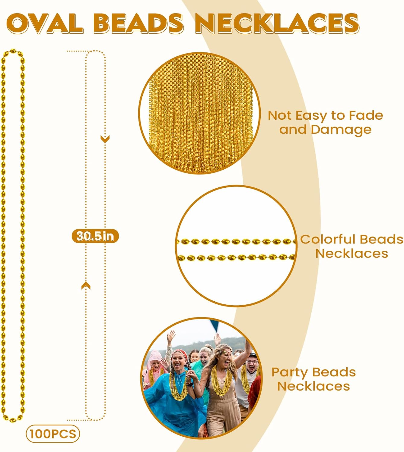 SHAOQINLIN 100 PCS Gold Bead Necklace, Gold Mardi Gras Christmas Oval Beads Necklaces 30.5" Metallic Beaded Costume Necklaces Party Necklaces for Mardi Gras Christmas Parade Throws Pirate Party Favors - Image 2