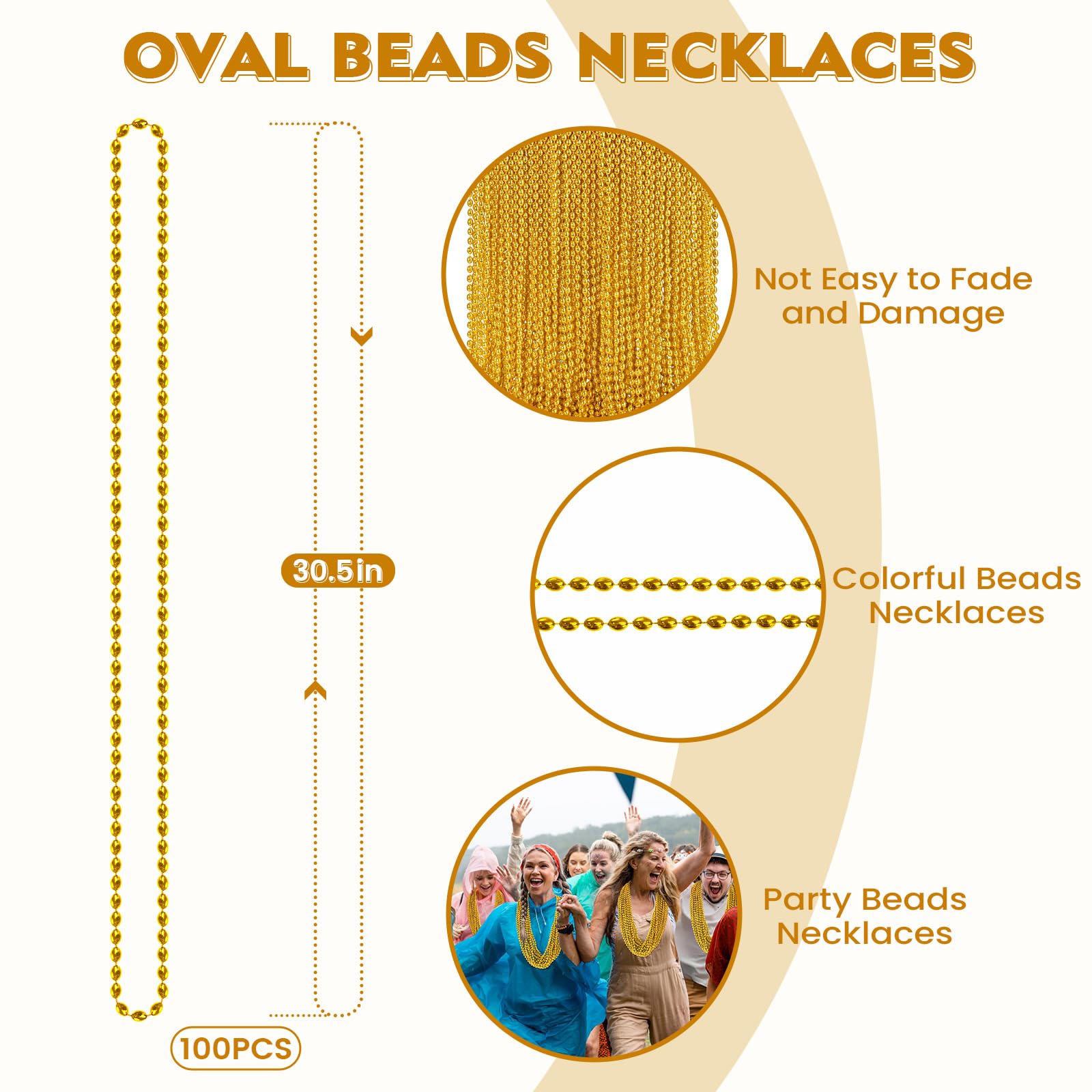 100 PCS Gold Bead Necklace, Gold Mardi Gras Christmas Oval Beads Necklaces 30.5