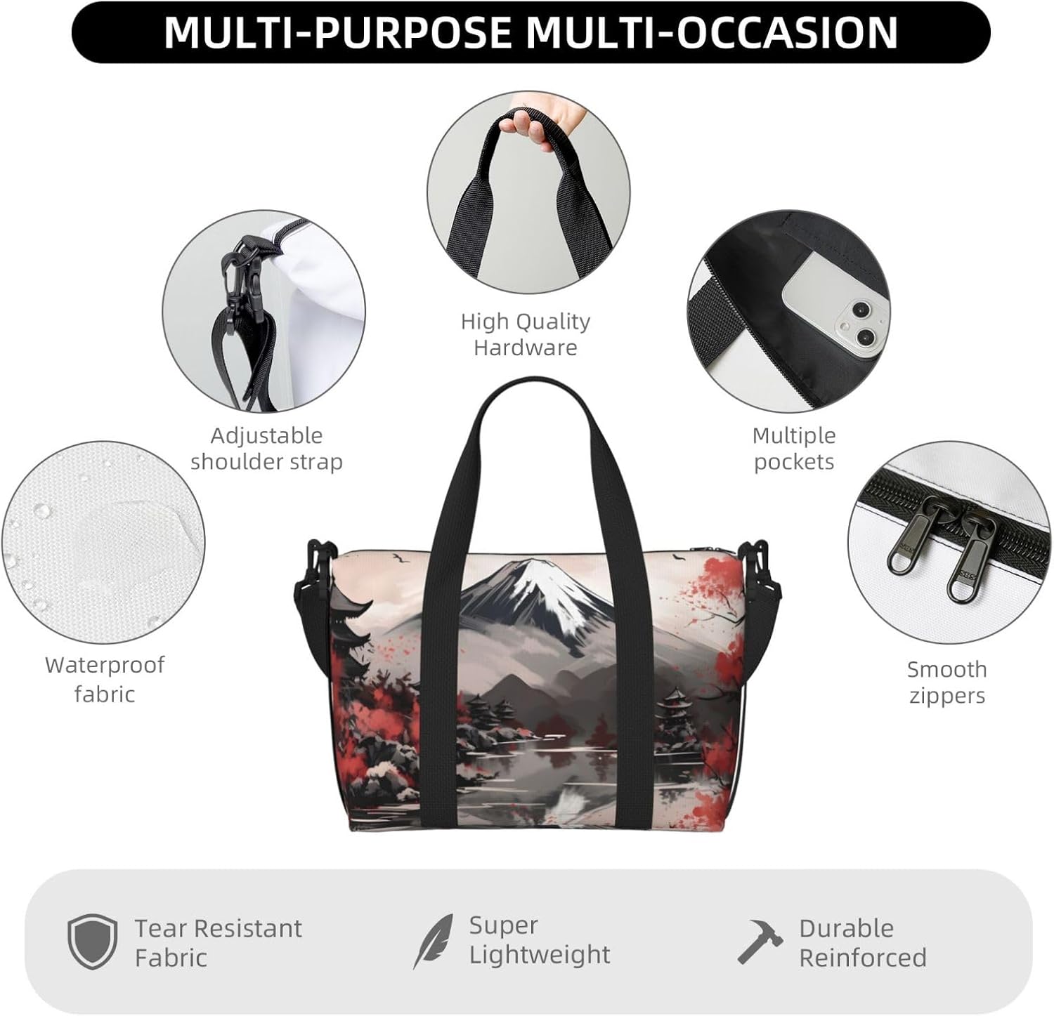 Fuji Mountain Cherry Blossom Travel Duffel Bag Japanese Carry On Tote Bag for Women Large Shoulder Weekender Overnight Bag Sports Gym Bag