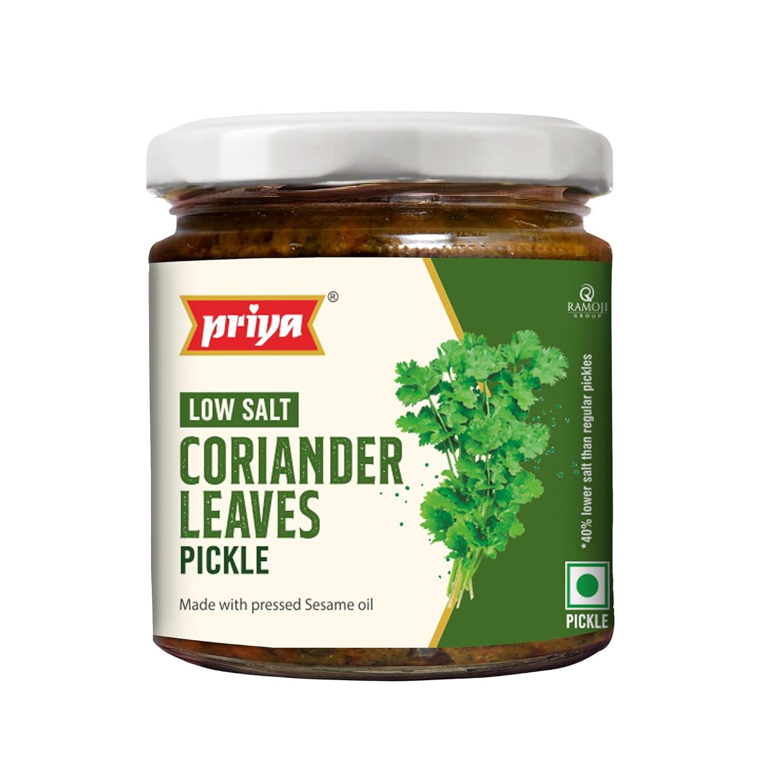 Priya Low Salt Coriander Pickle 200g – Authentic Telugu Styles Achar | Traditional South Indian Taste | Homemade Dhaniya Achar | Tangy and Spicy | With Coriander Leaves and Mixed Spices | Glass Jar