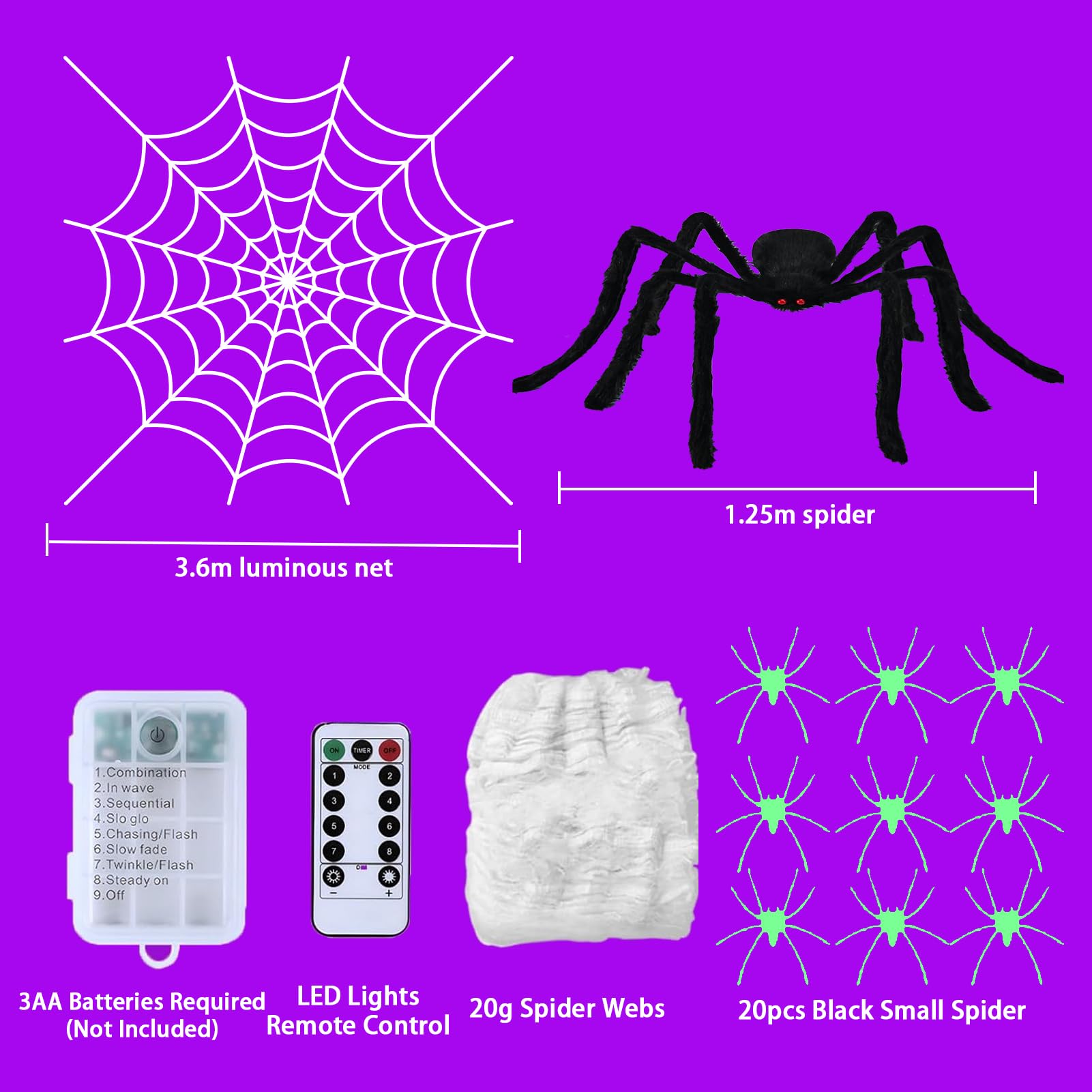 Halloween Decoration Outdoor, 1.25 m Large Spider + 3.6 m Round Spider Web Luminous - Image 2