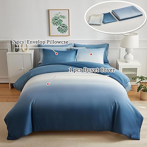 Miniatura 3 de Juego de funda de edredón de tamaño individual, color azul degradado con cierre de cremallera, 1 funda de edredón de 68 x 90 pulgadas, 2 fundas de