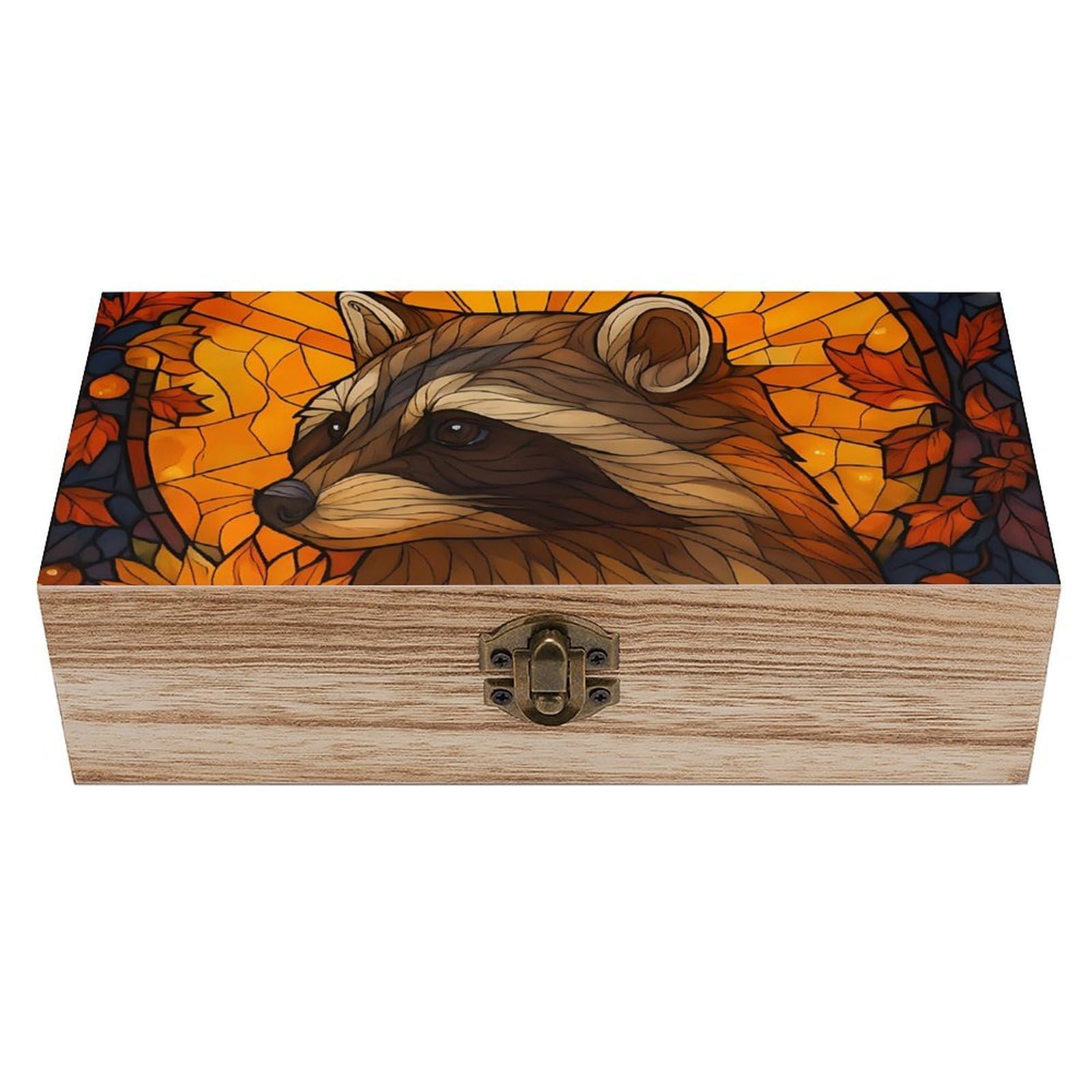 Oudrspo Stained Glass Autumn Raccoon Holding Sunflower Retro Wooden Storage Box Keepsake Jewelry Decorative Art Storages Box Gift Boxs