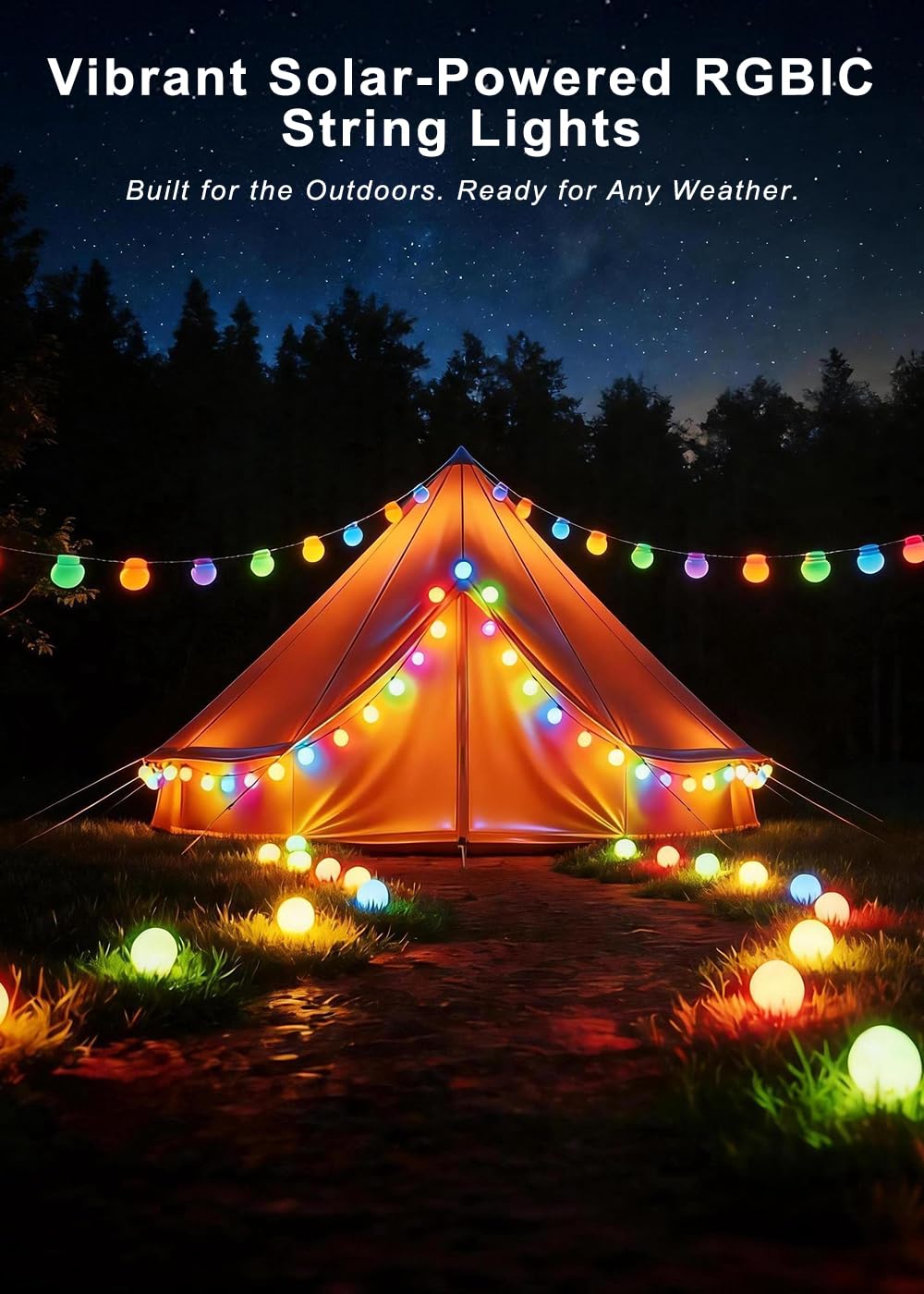 RGBIC - Catena luminosa a LED per esterni, a energia solare, 10 m, con 16 modalità di scena, dimmerabile, funziona con telecomando APP, illuminazione per giardino, balcone, gazebo, terrazza, feste