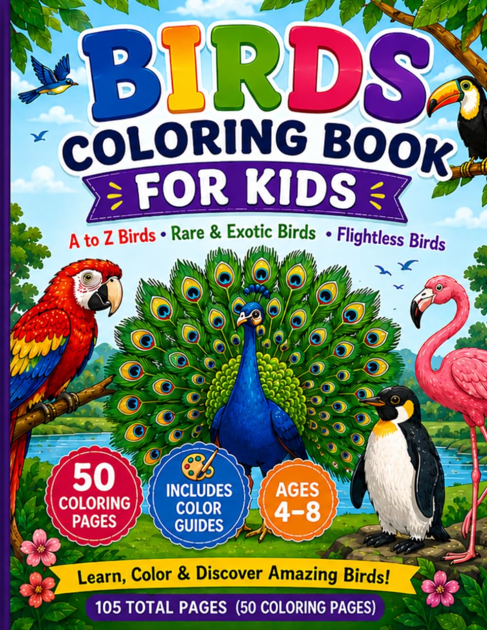 BIRDS COLORING BOOK FOR KIDS: Alphabet Birds • Rare & Exotic Birds • Flightless Birds Fun & Educational Coloring Book for Ages 4–8