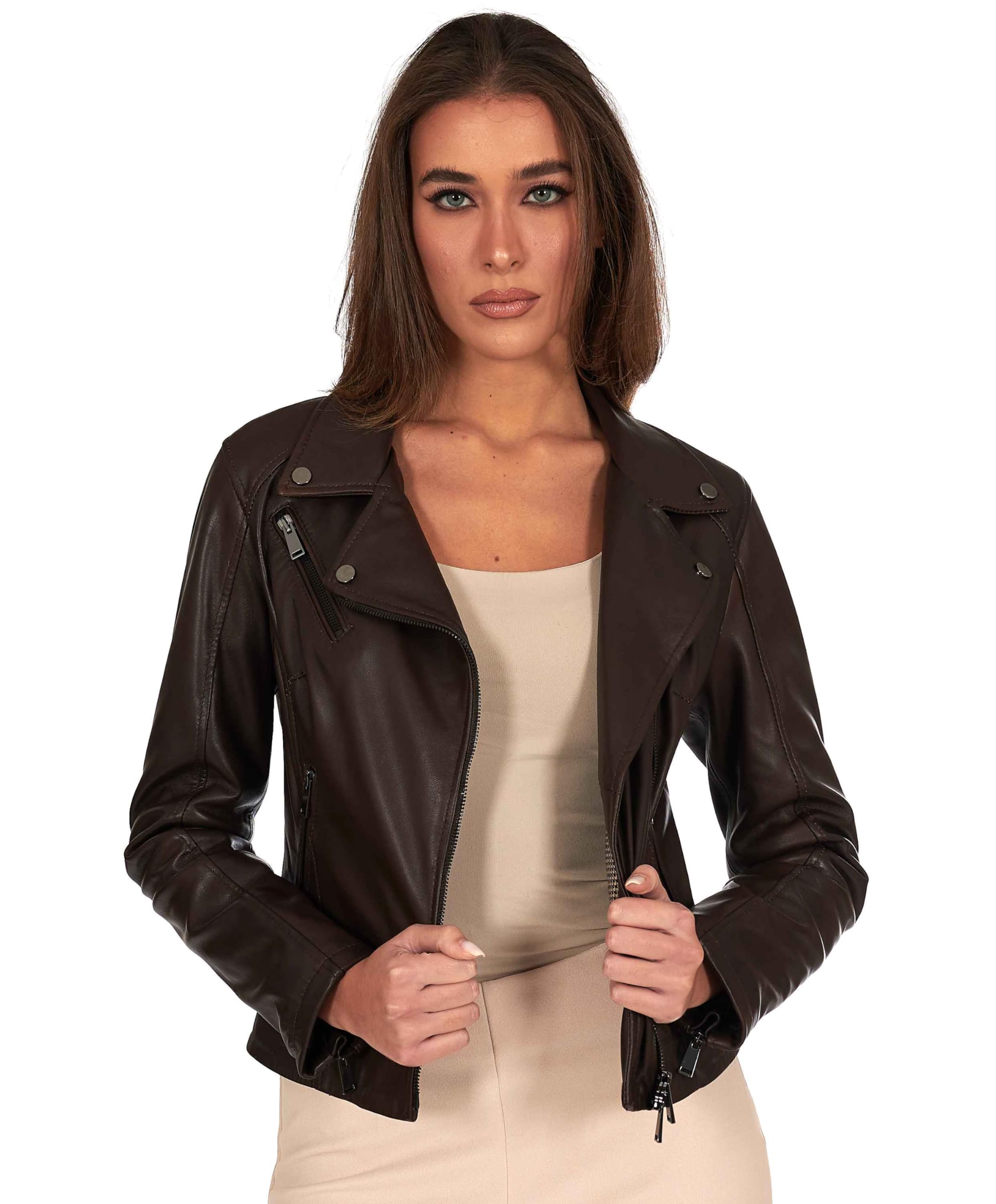 D'Arienzo Chiodo Vera Pelle Donna Testa di Moro Giacca Biker Giubbotto Moto Made in Italy Kbc