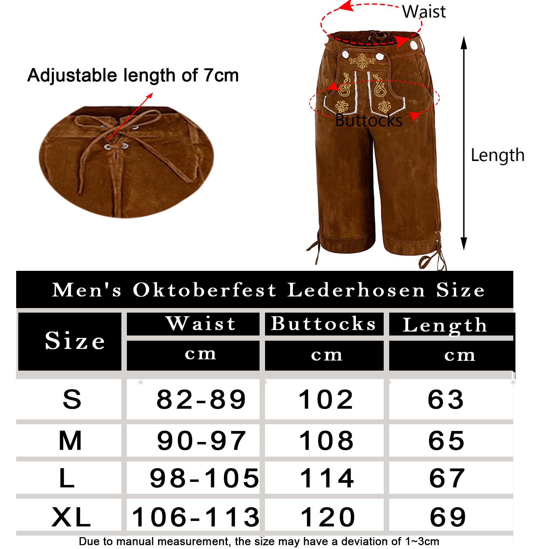 Lederhosen spodnie skórzane, męskie spodnie Oktoberfest, spodnie skórzane, bawarskie, brązowe