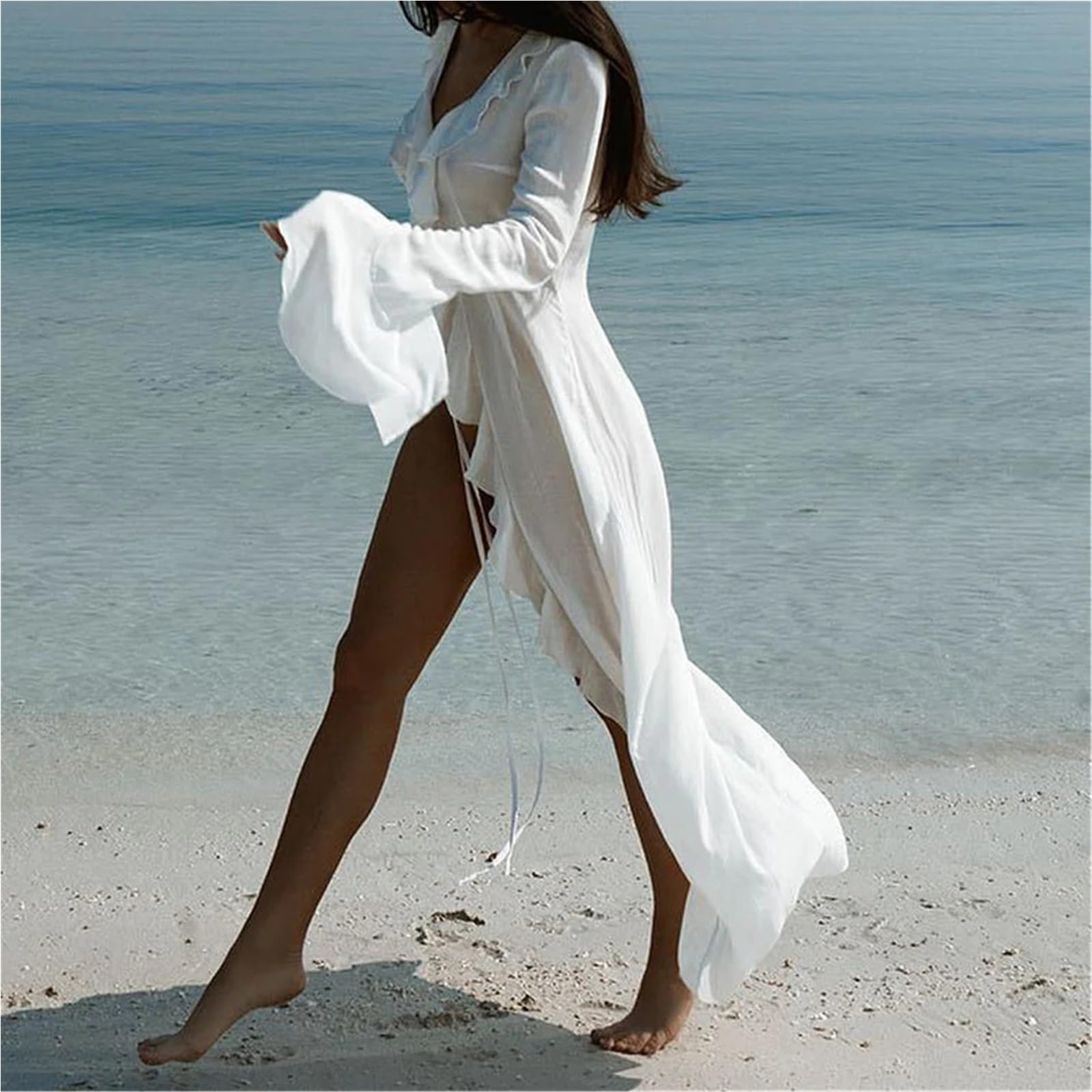 Copricostume Lungo in Chiffon Copricostume da Spiaggia a Tunica in Chiffon a Maniche Lunghe con Volant Scollo a V. Abito Donna, Abbigliamento Femminile