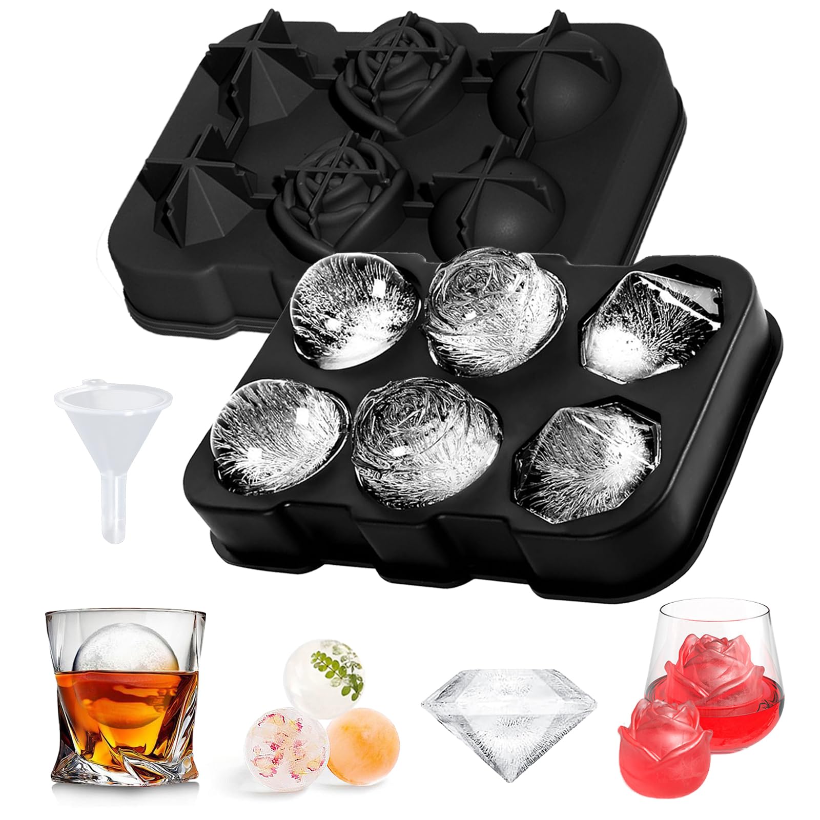 Silicone Ice Cube Tray with Lid, Easy Release 6 x Rose/Diamonds/Ball Ice Cube Moulds Freezer Tray, Non Breakable Ice Ball Maker Prefect for for Whiskey, Cocktails, Reusable & BPA Free