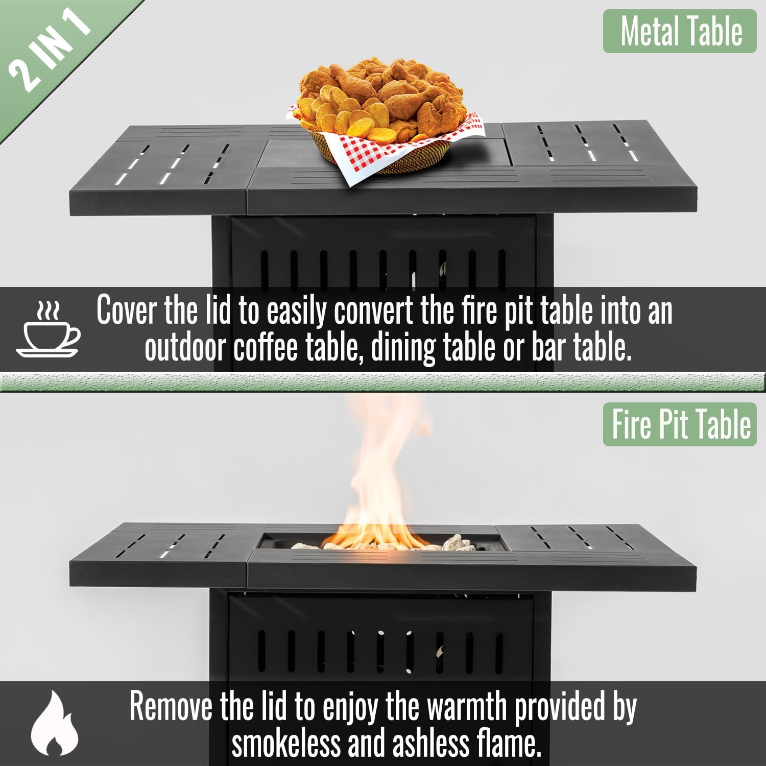 Propane Fire Pit Table, 34" Firepits for Outside, Gas Fire Pit for Outside Patio, Propane Fire Table with Steel Lid, Rocks for Backyard, 50000BTU, Tank Inside, Tank Not Included, Black