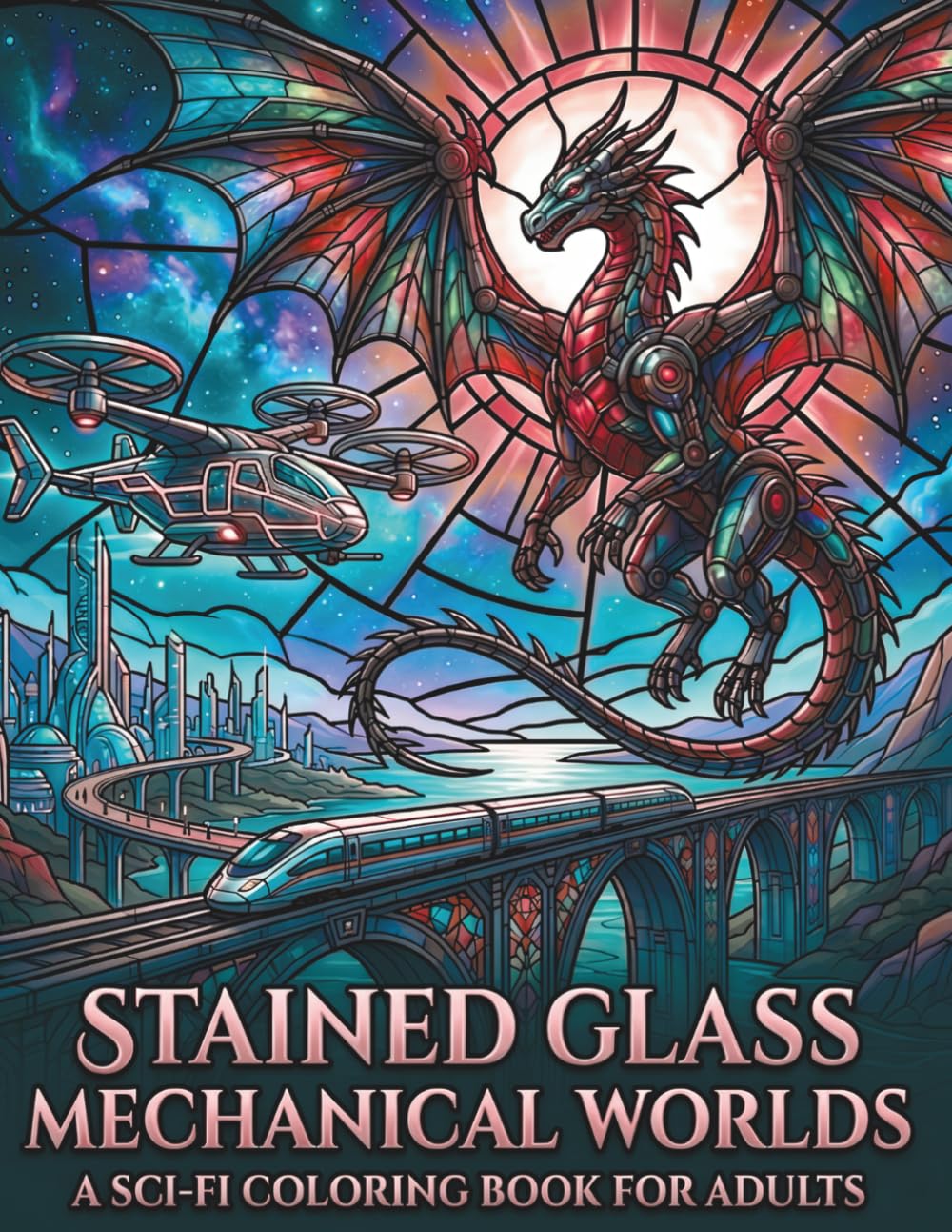 STAINED GLASS MECHANICAL WORLDS: Bold & Easy Futuristic Coloring Book for Teens & Adults Featuring Mechanical Dragons, Cyber Beasts, Flying Machines & ... (STAINED GLASS COLORING COLLECTION)