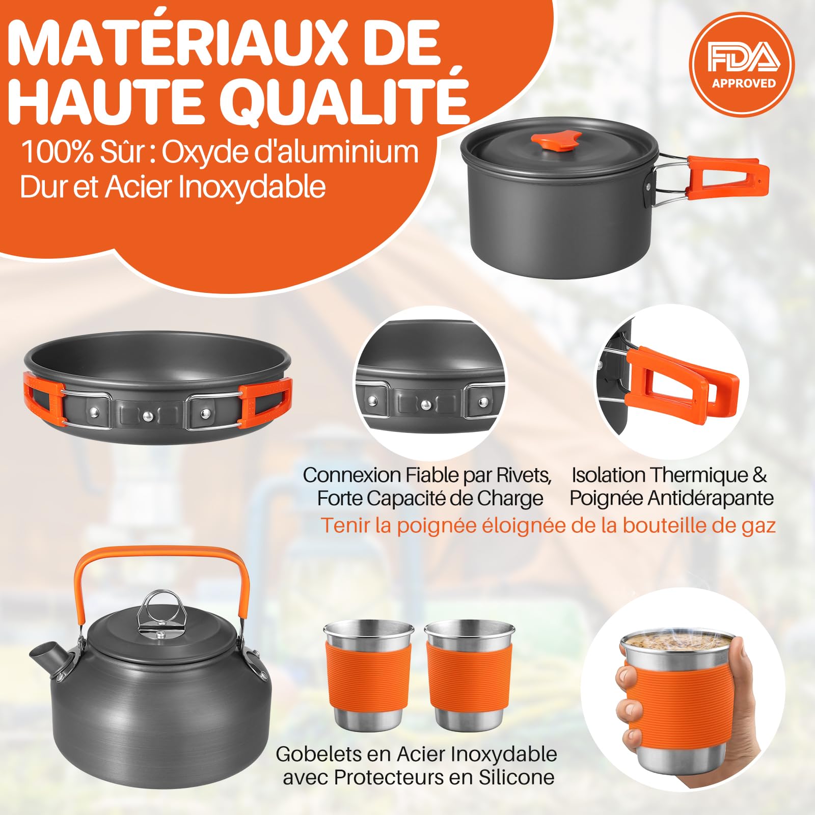 FUNYKICH Multi-PCS Kit de Casseroles Camping, Accessoire Camping Légère, Cookware Kit en Aluminium Durable pour Pêche/Survie/Randonnée/Outdoor/Pique-Nique