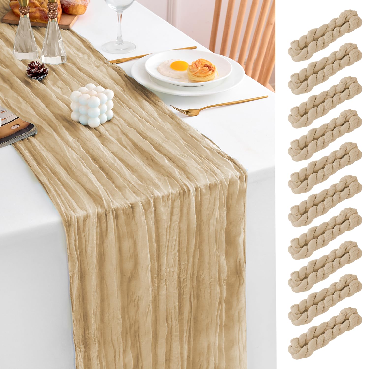 Photo 1 of 10 Pack Beige Table Runner 21x120 Inch Beige Cheesecloth Table Runner 10FT Rustic Boho Gauze Table Runners Long Cheese Cloth Table Runner Semi Sheer Runners for Wedding Bridal Baby Shower Party