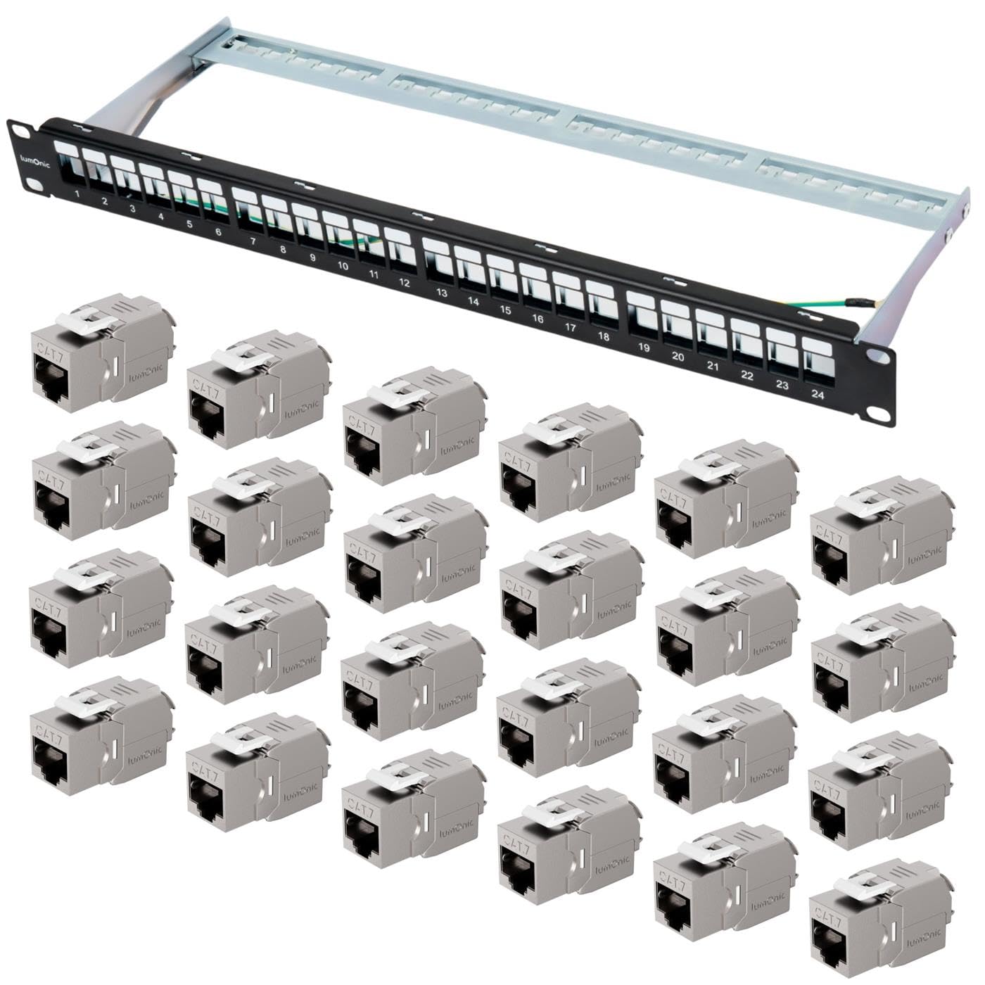 Lumonic 19" Patchpanel CAT7 Keystone-Set | 24 Port, 1HE mit Beschriftungsfeld | inkl. 24x CAT7 Module werkzeugfrei, 10 Gbit/s | Rackmontage | schwarzes Patchfeld | Kabelmanagement | PoE