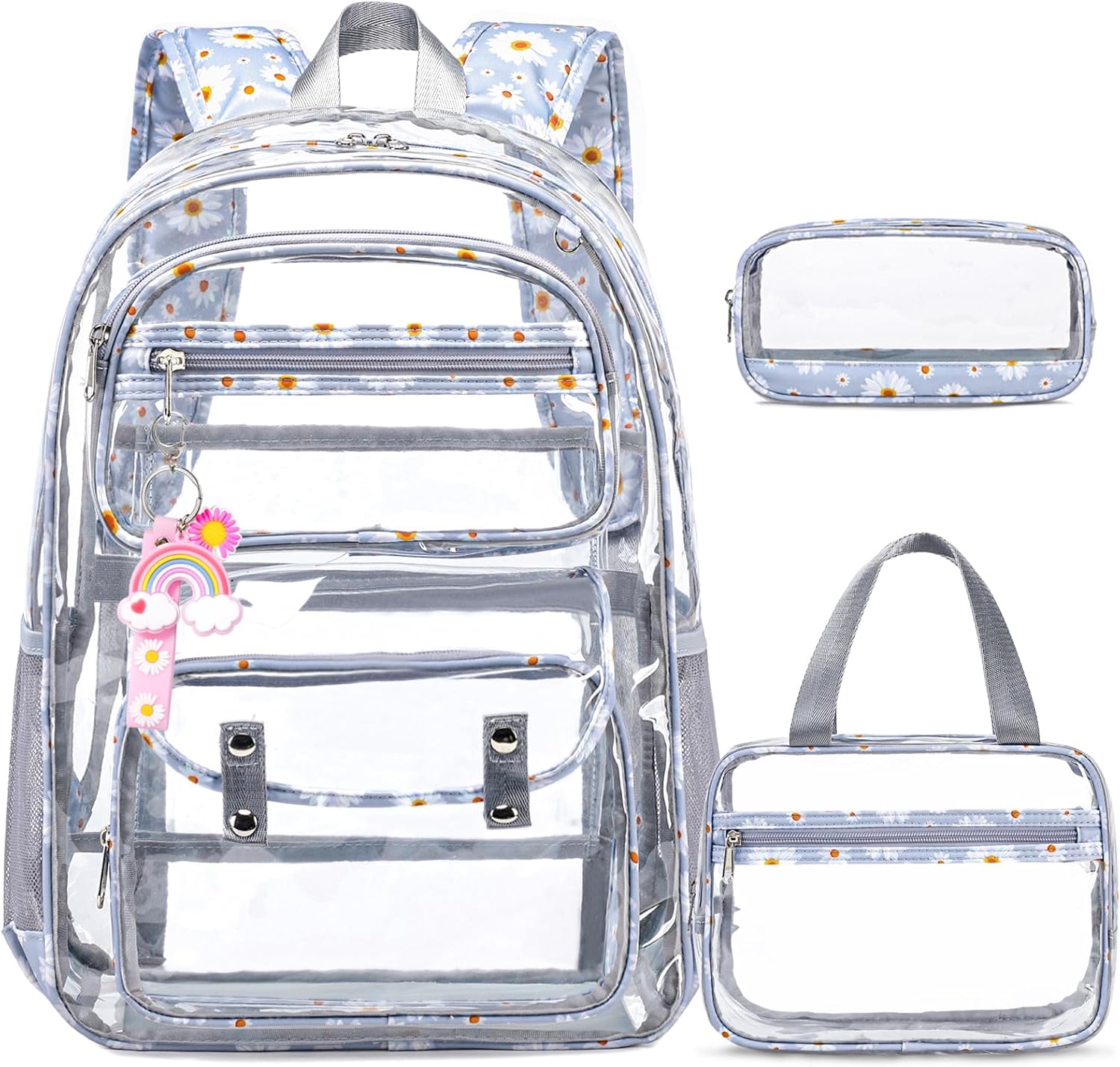 Clear Backpack for Girls - 3 Pcs Clear Backpack Heavy Duty with Lunch Bag - See Through Bookbag Stadium Approved for Kids Middle High College School Sport Travel (Gray Daisy)