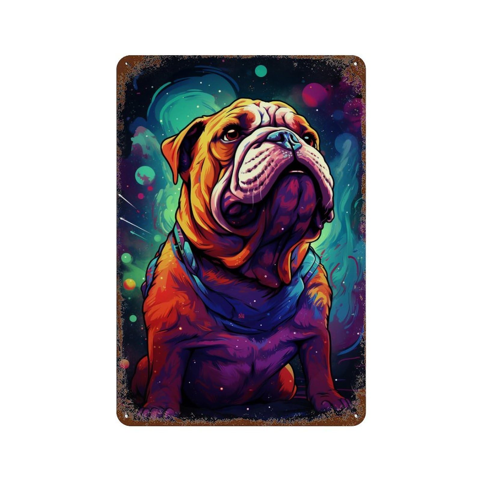 Vintage Rust Metal Sign Colorful Bulldog Galaxy Art Print -1 11.8"x7.9", Old School Wall Decor for Garage, Bar And Workshop Decor