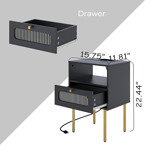 Miniatura 2 de Mesita de noche con estación de carga, mesitas de noche modernas de mediados de siglo con puerta decorativa de cristal, mesa auxiliar pequeña con