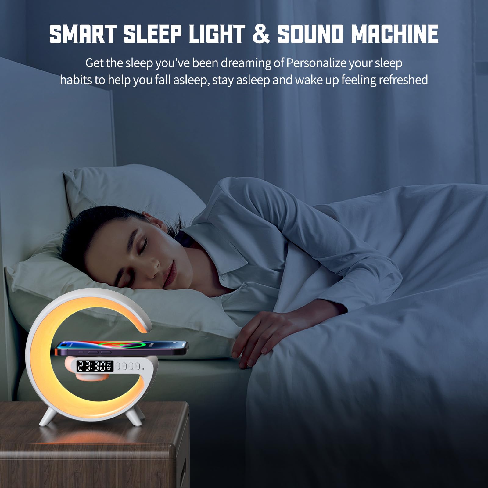 Nouvelle Lampe Chevet avec Chargeur Sans Fil, Haut-Parleur Bluetooth en forme de G avec Réveil, Reveil Simulateur D'aube, Reveil Chargeur Induction, Lampe D'ambiance Via Connexion USB-C (Blanc)