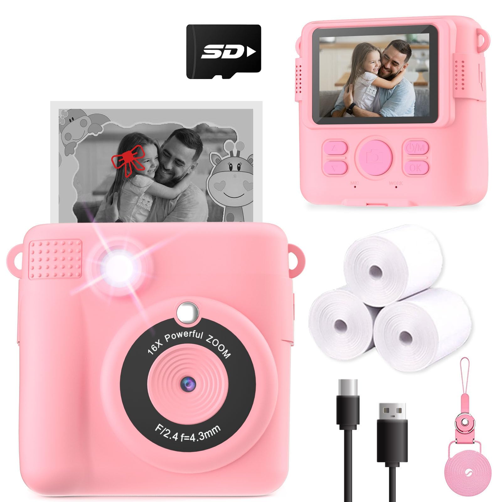 ESOXOFFORE Instant Print Camera for Kids, Christmas Birthday Gifts Girls Boys Age 3-12, HD Digital Video Cameras Toddler, Portable Toy 3 4 5 6 7 8 9 10 Year Old Girl with 32GB SD Card-Pink