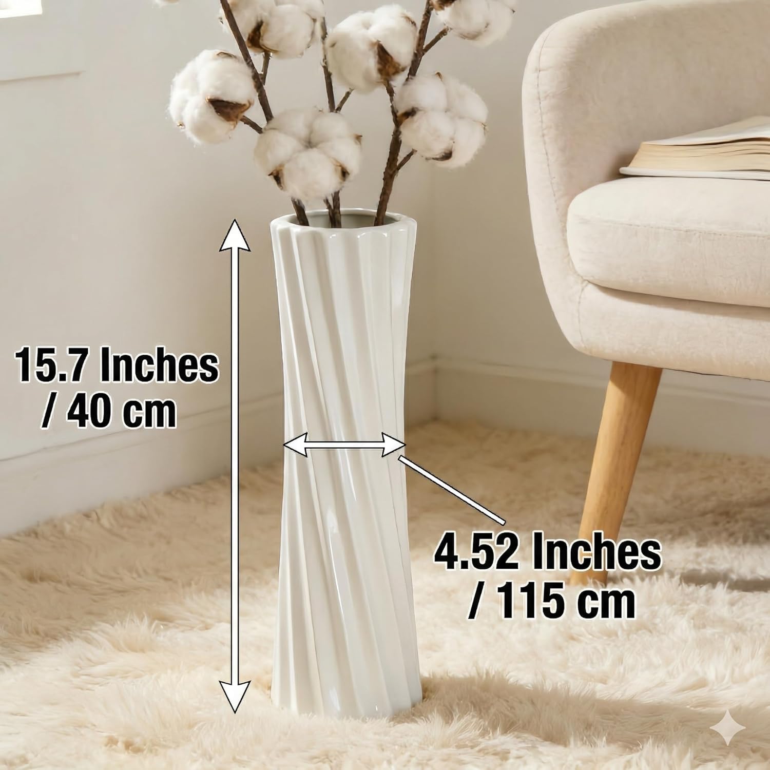 White Ceramic Tall Floor Vase,15.7 Inch Home Decor,Large Decorative Floor Vase for Centerpiece,Living Room,Bedrooms and Other Spaces,Pampas Grass Vases for Pal, Beloved and Family