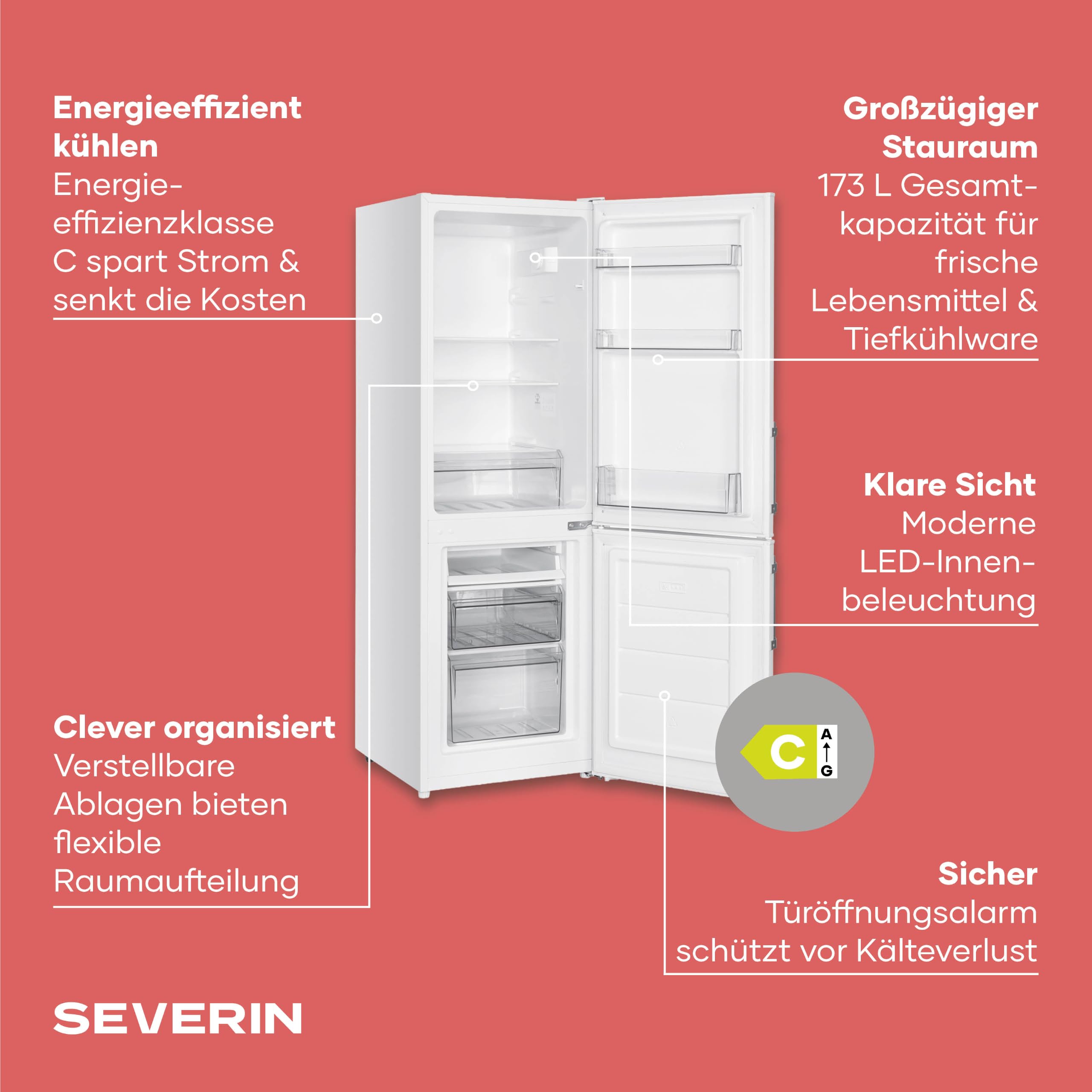 SEVERIN Kühl-Gefrierkombination, Energieeffizienzklasse C, Kühlen 121L, Gefrieren 52L, LED Beleuchtung, 142,5 cm Höhe, 4-Sterne-Gefrierfach, verstellbare Ablagefläche, 124 kWh, weiß/Metall, DT 8770