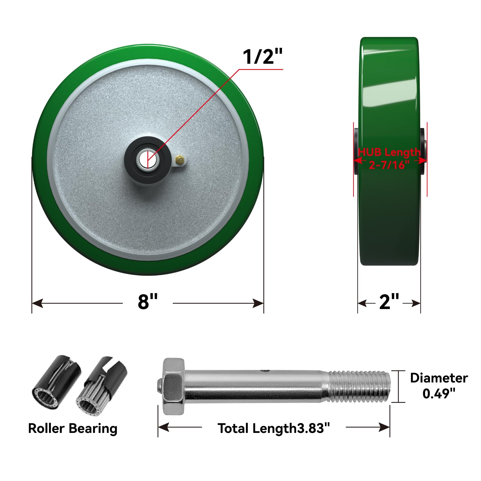 Ruote industriali da 20,3 x 5,1 cm, in poliuretano su alluminio, cuscinetto a rulli, foro da 1/2", set di 4 ruote girevoli resistenti con capacità di 2.540 kg (confezione da 4)
