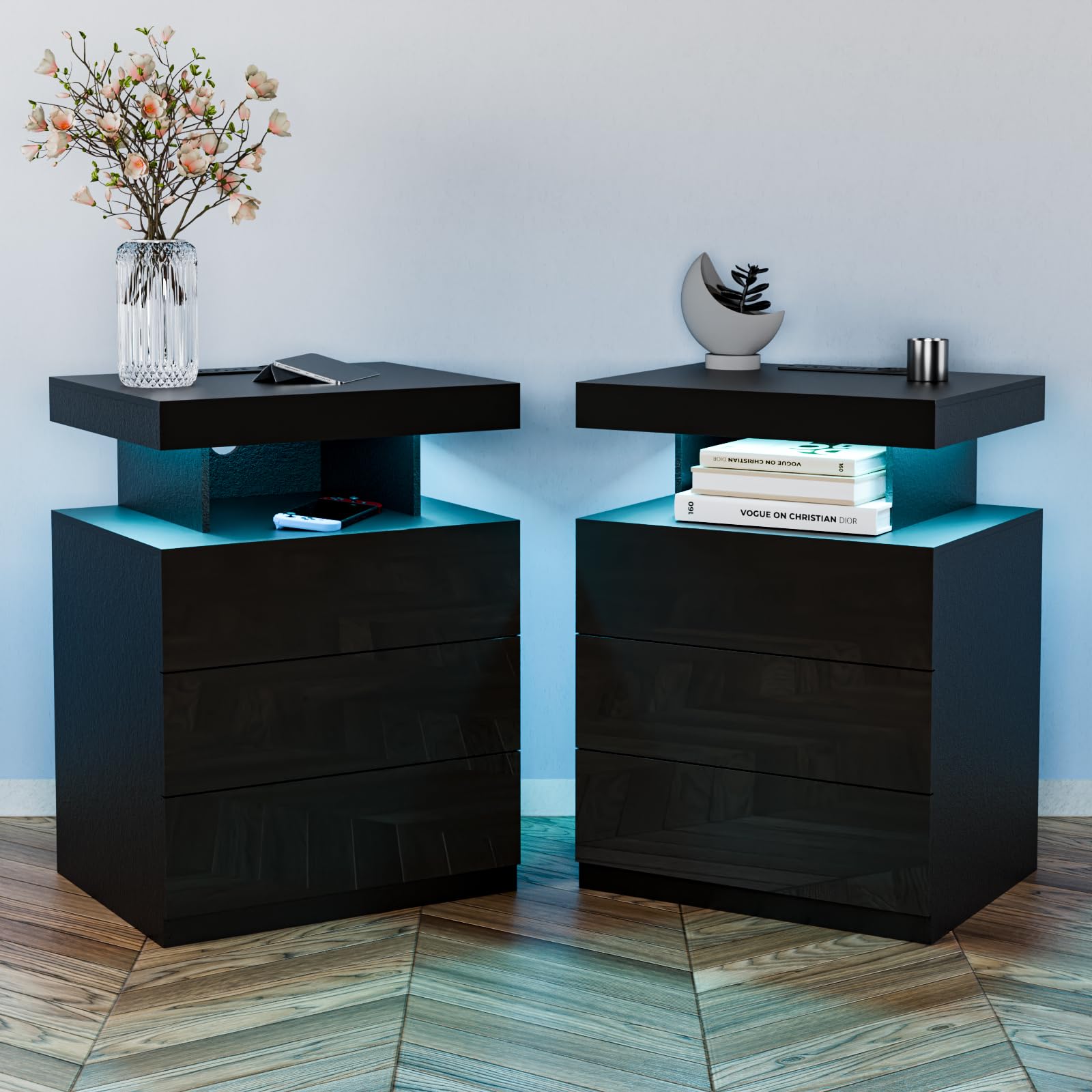 black nightstand with wireless charging and drawers high gloss