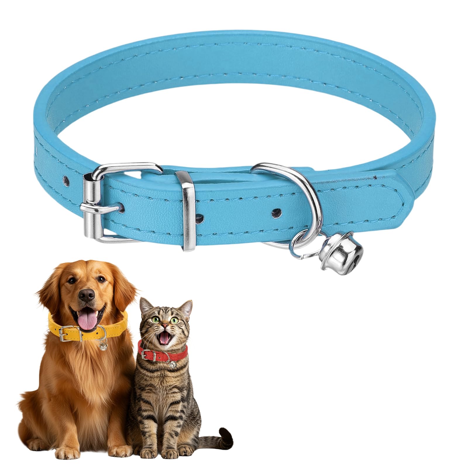 sourcing map Dog Collar with Bell, Pu Leather Cat Collars Pet Basic Soft Padded Adjustable Buckle, 14.5" (Blue, 1 Pcs), Intended for Teacup/Little Dog/Kitten Cats/Small Animals