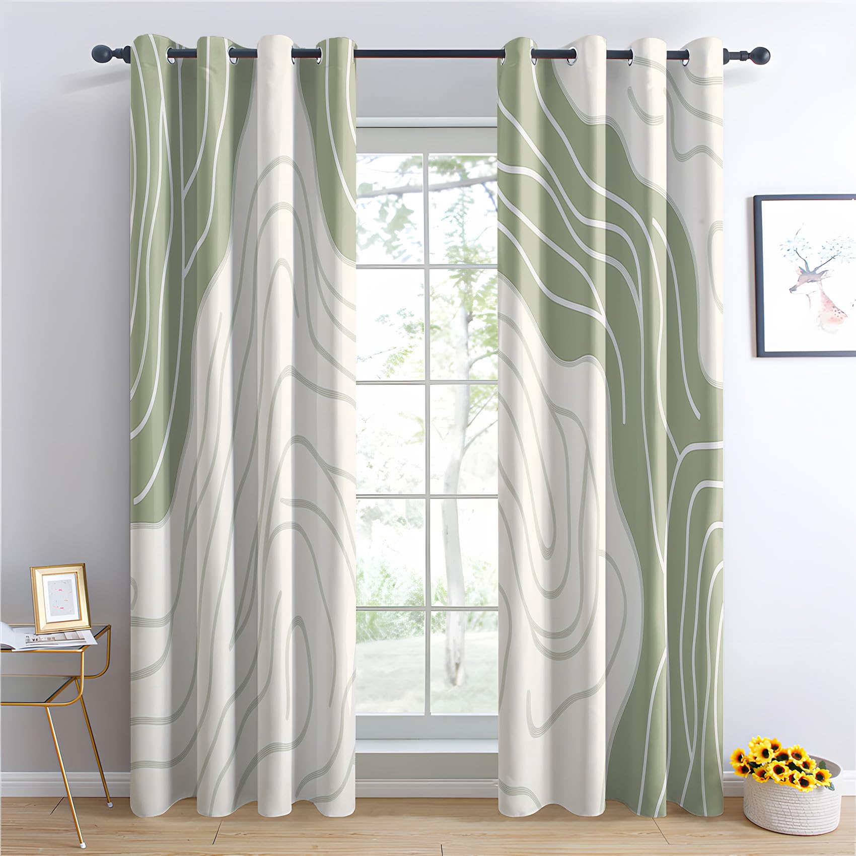 Luxfieo Green and White Blackout Curtains for Living Room Bedroom - 108 Inch Drop Curtains 90x108, Modern Abstract Minimalist Patterned Window Treatments, Thermal Eyelet Drapes 2 Panels U#20
