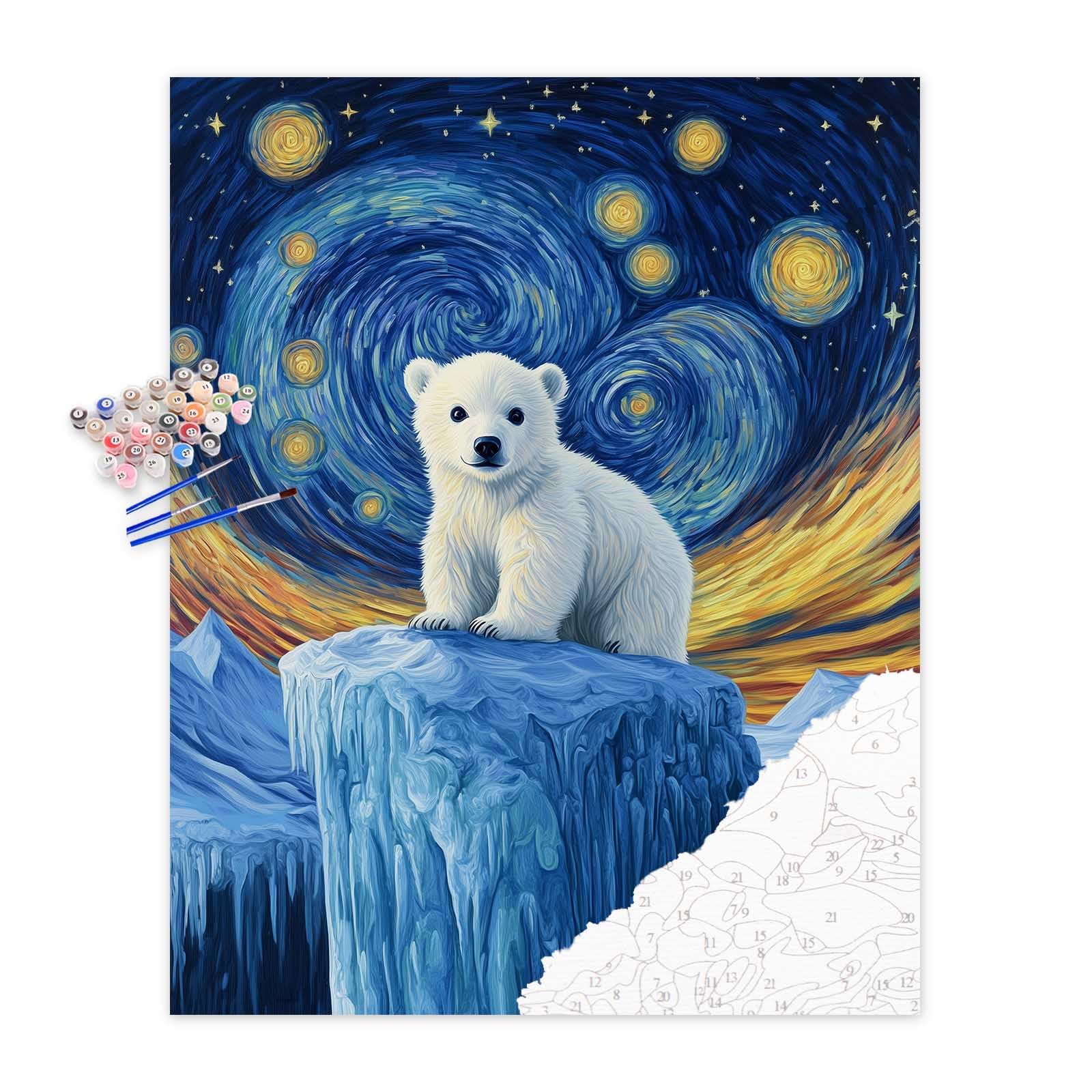 Polar Bear Paint by Number, Bears Paint by Numbers for Adults, Cute Animals Wall Art, Starry Night Acrylic Painting, Polar Bear Cub Poster for Gift