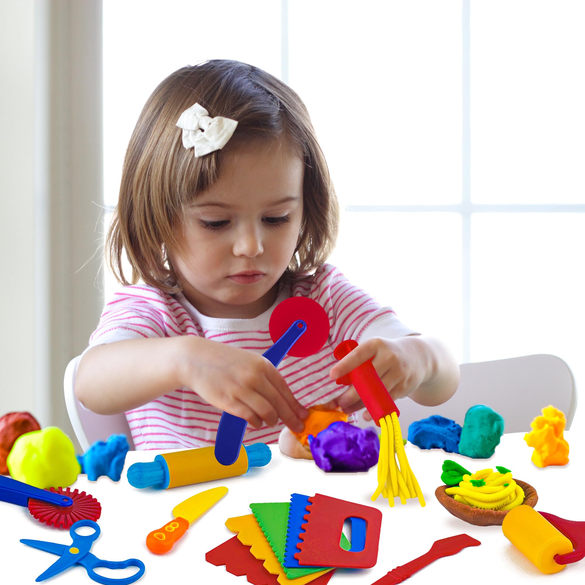 Oun Nana Playdough Tool Kit for Kids, 9 PCS Basic Playdough Starter Set, Playdough Accessories with Pizza Cutter, Safety Scissors, Rolling Pin, Roller, Dough Scraper, Dough Extruder, Plastic Knife - Image 5