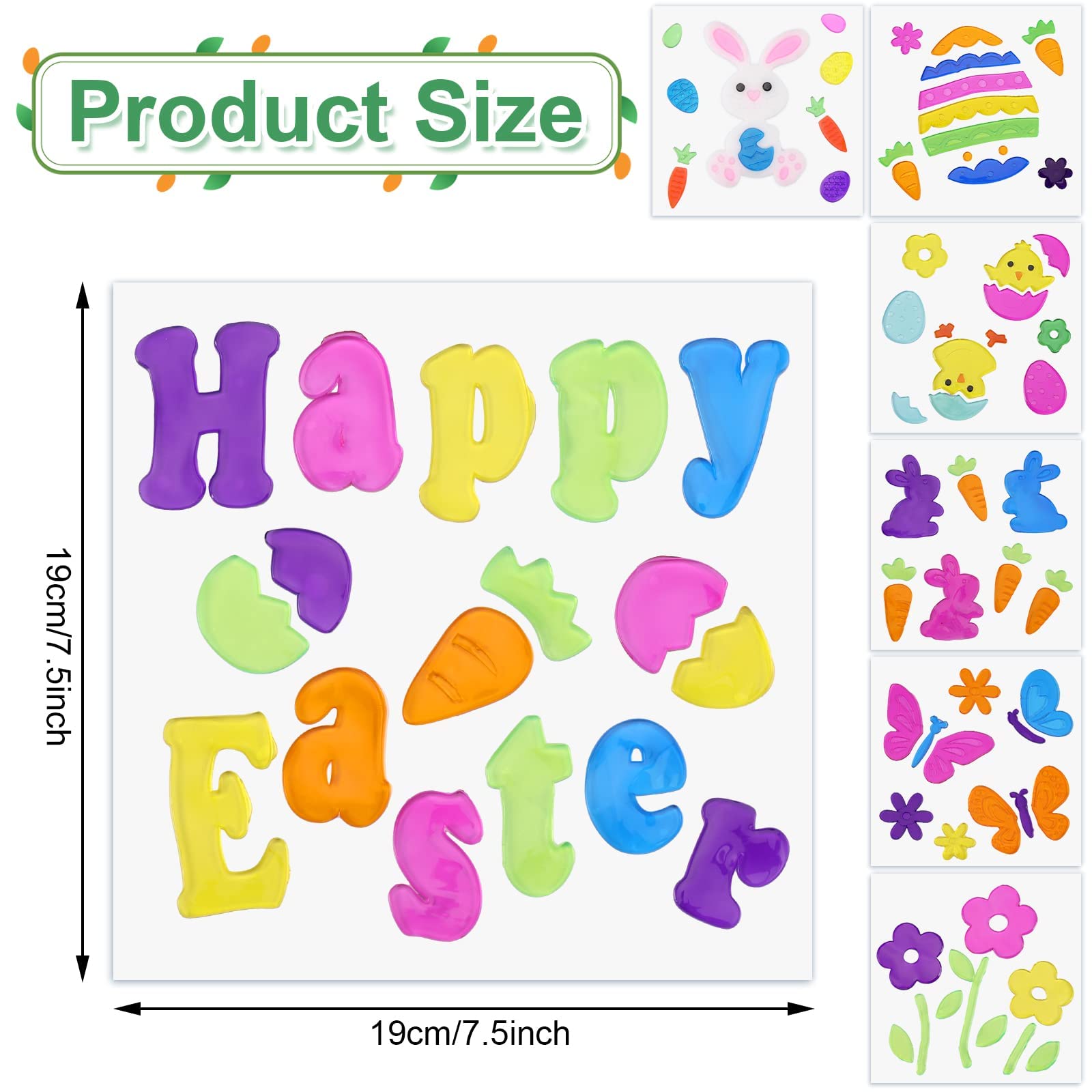 Whaline 7 Sheets Easter Window Gel Clings Spring Flowers Butterflies Easter Bunny Egg Chicken Window Jelly Stickers Decals Decorations for Refrigerators Bedroom Home Office School Holiday Party Gift