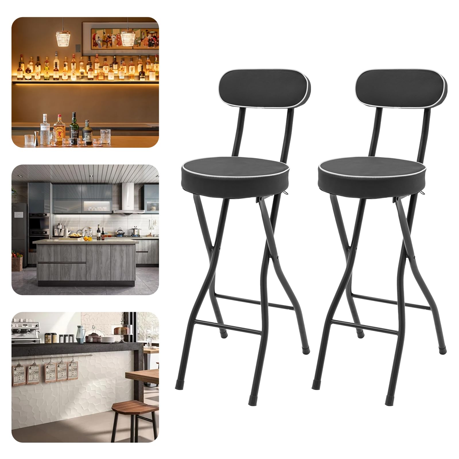 Urban Living Lot de 2 tabourets pliants et portables rembourrés - Tabouret de bar - Structure en acier robuste - Tabouret de cuisine - Noir
