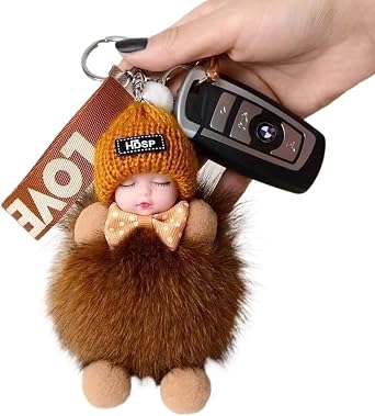 Adorable Sleeping Doll Plush Keychain, with Soft Knitted Hat and Bow, Suitable for Hanging on Bags or Keys To Add Charm