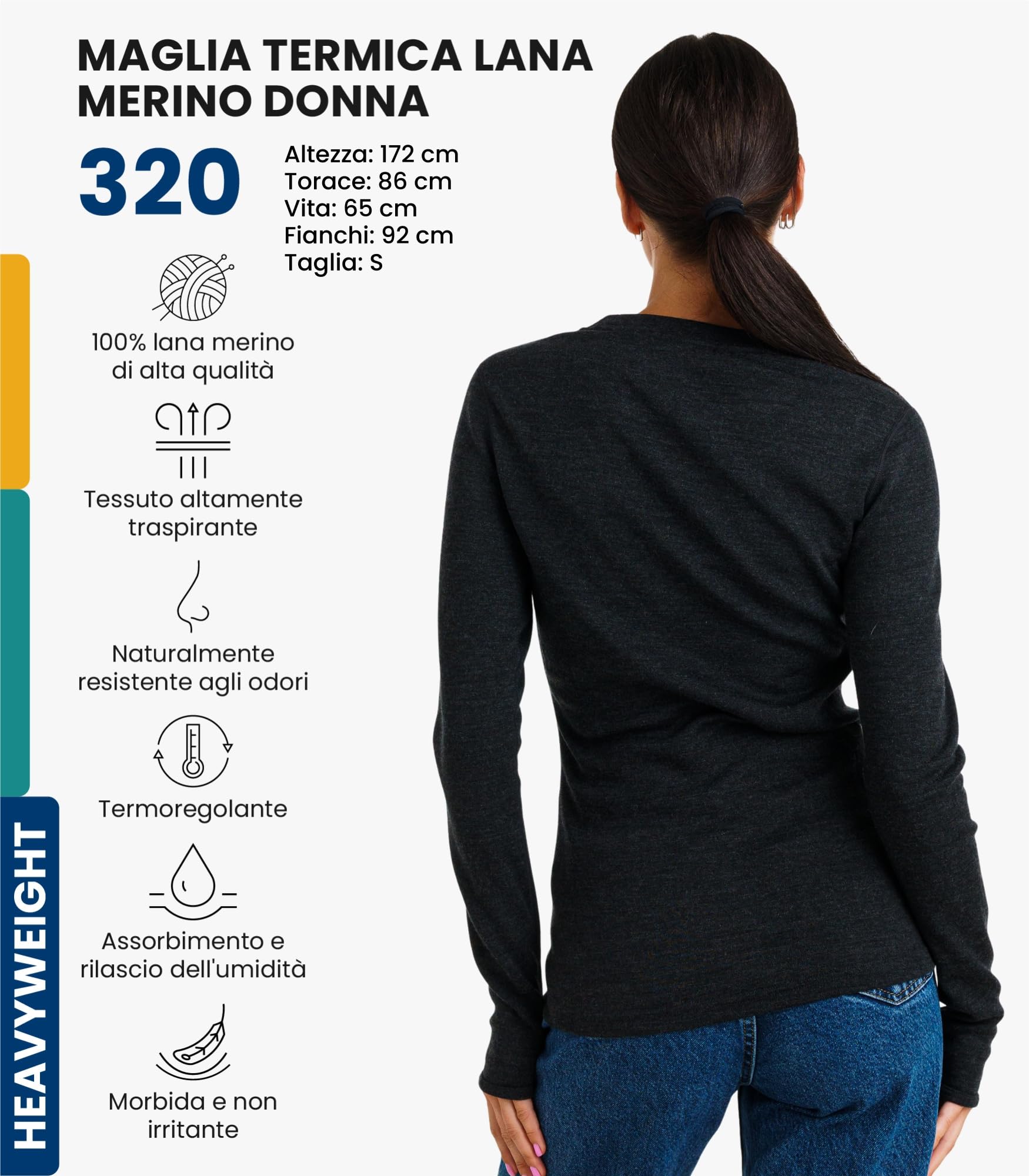 Merino.tech Maglia Termica Donna Lana Merinos - 100% Lana Merino Intimo Donna Leggero, Medio, Pesante con Calzini