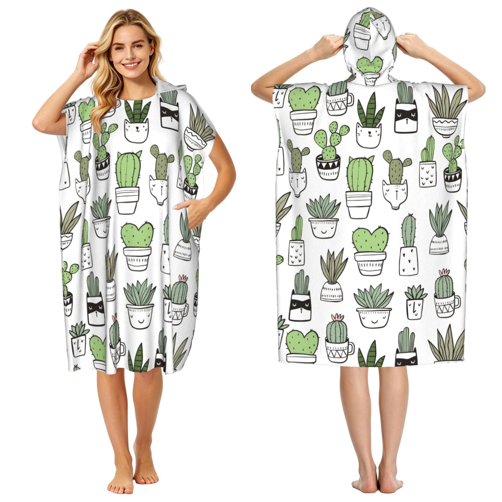 Poadnly Hand Drawn Cactus Print, Adult Hooded Beach Towel 90 x 110 cm,Changing Bath Robe, Surf Poncho Towel For Women Men