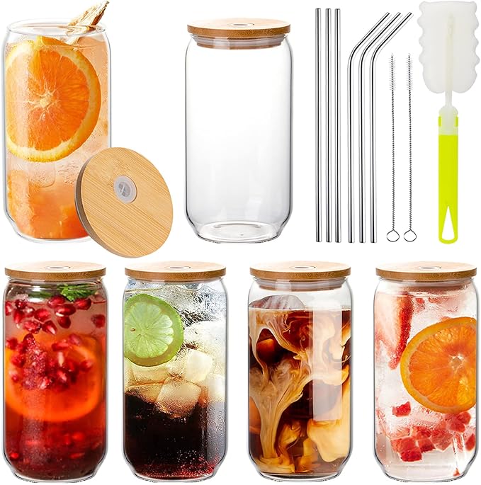6 Pack Drinking Glasses with Bamboo Lid 16oz Can Shaped