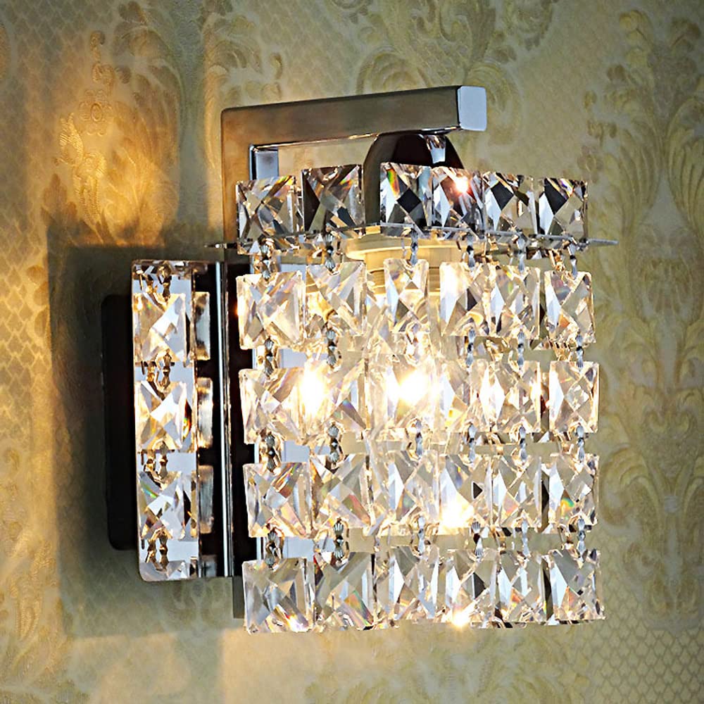 MYUYEE Chrome Crystal Wall Sconce - Elegant Stainless Steel Light Fixture For Bedroom, Living Room, Hallway, Hotel Decor - Stylish Indoor Wall Lamp