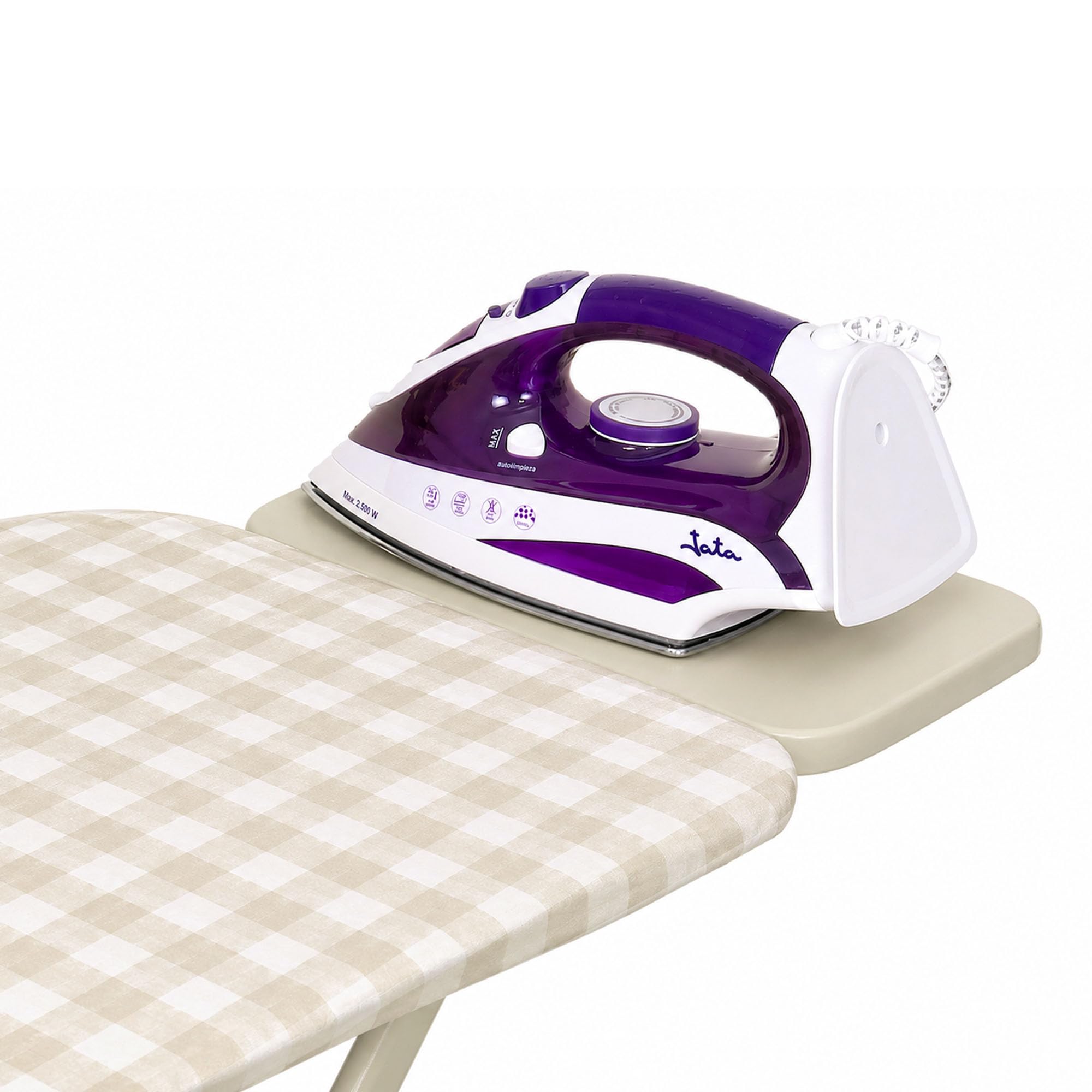 JATA HOGAR HPLA8126 - Table à Repasser Pliable 110 x 32 cm, Hauteur réglable jusqu'à 92 cm, Housse 100% Coton, Repose-Pieds XL, Pieds antidérapants, Planche à Repasser résistante