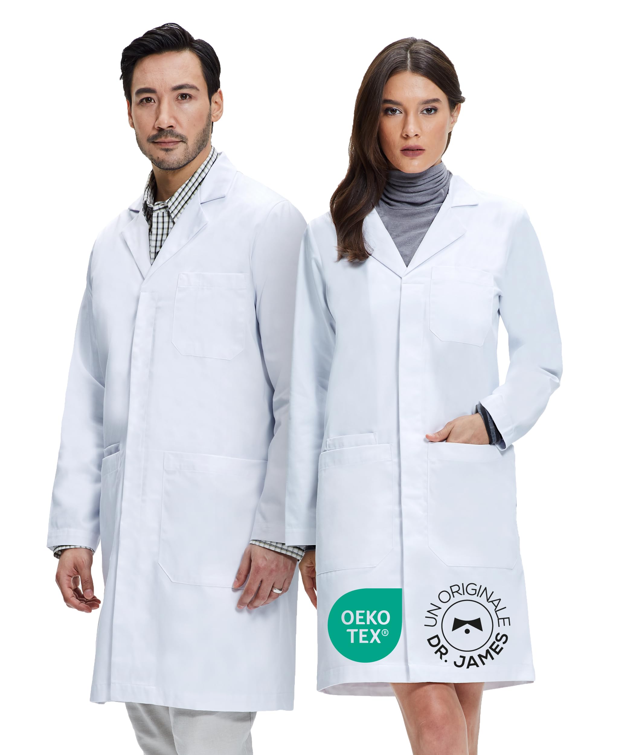 Dr. James Camice da Laboratorio Premium 100% Cotone Unisex Uomo e Donna, Vestibilità Classica, Chiusura con Bottoni a Pressione a Scomparsa, Tasche per Smartphone, Certificato OEKO-TEX