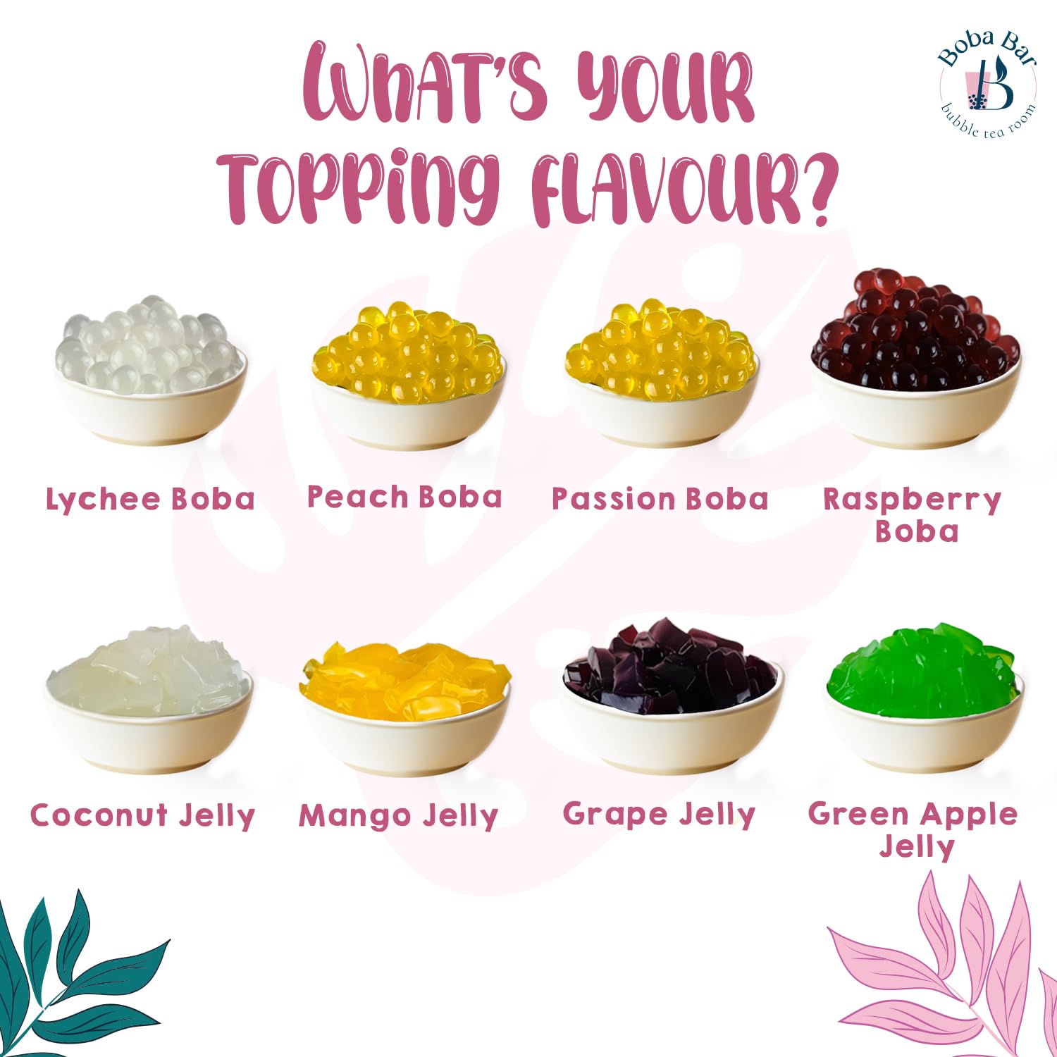 Kit de Té de Burbujas de Leche | 8 Sabores, 8 Boba & Jelly (8 Porciones) | Bolsas de Té Verde y Assam | 2 Tarjetas de Recetas de Boba Bar London