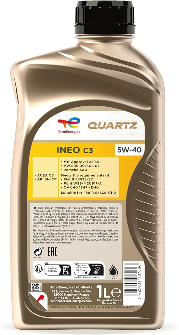 TotalEnergies QUARTZ INEO C3 5W40 Advanced Synthetic Motor Oil - ACEA C3, API CF/SN - Approved by MB-Approval 229.51, VW 505.00/505.01, PORSCHE A40-1L
