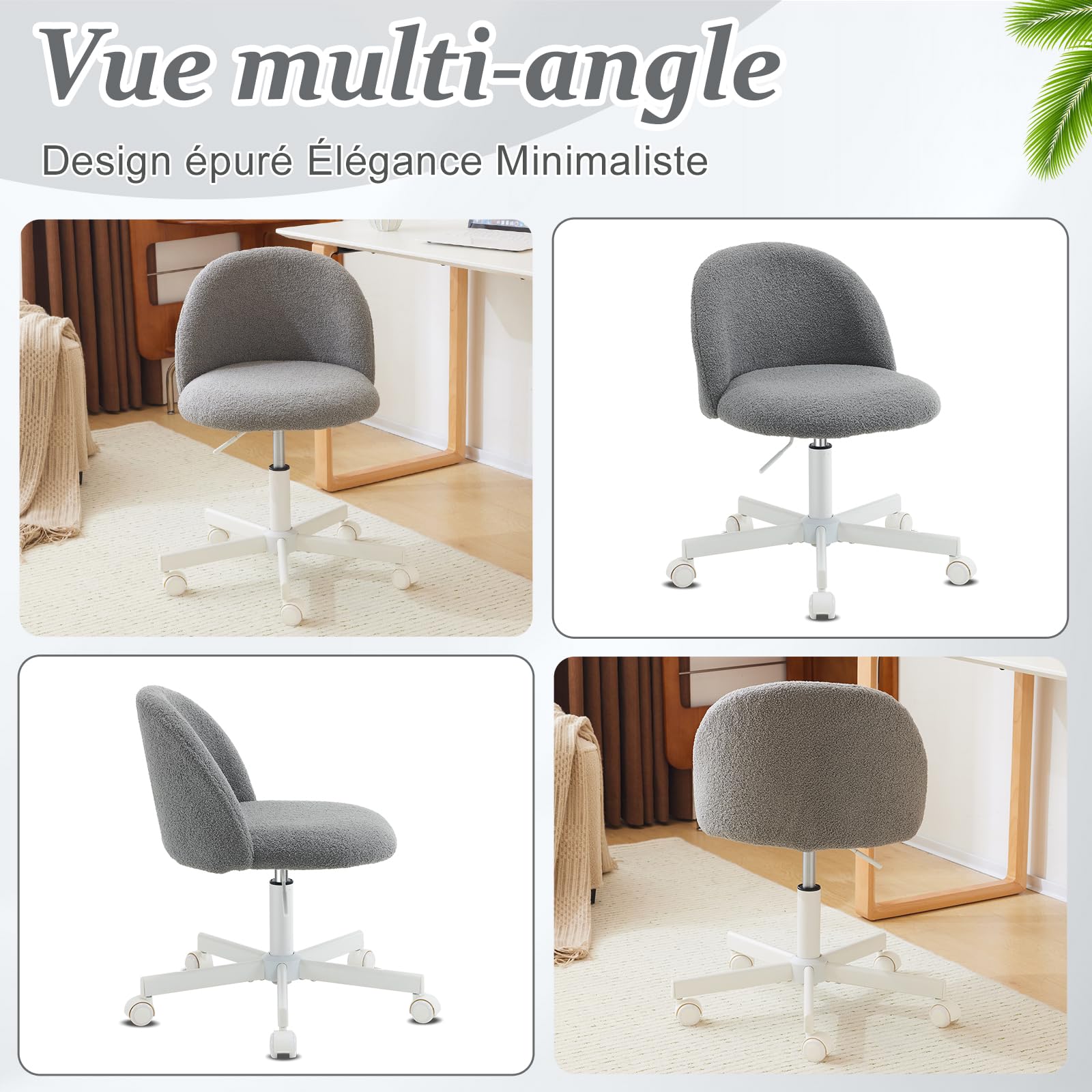 Bonnlo Chaise de Bureau Mignonne sans Accoudoirs, Petite Chaise Confortable, Fauteuil de Coiffeuse avec Support Lombaire, Chaise Pivotante Réglable pour Bureau, Chambre, en Teddy (Gris)