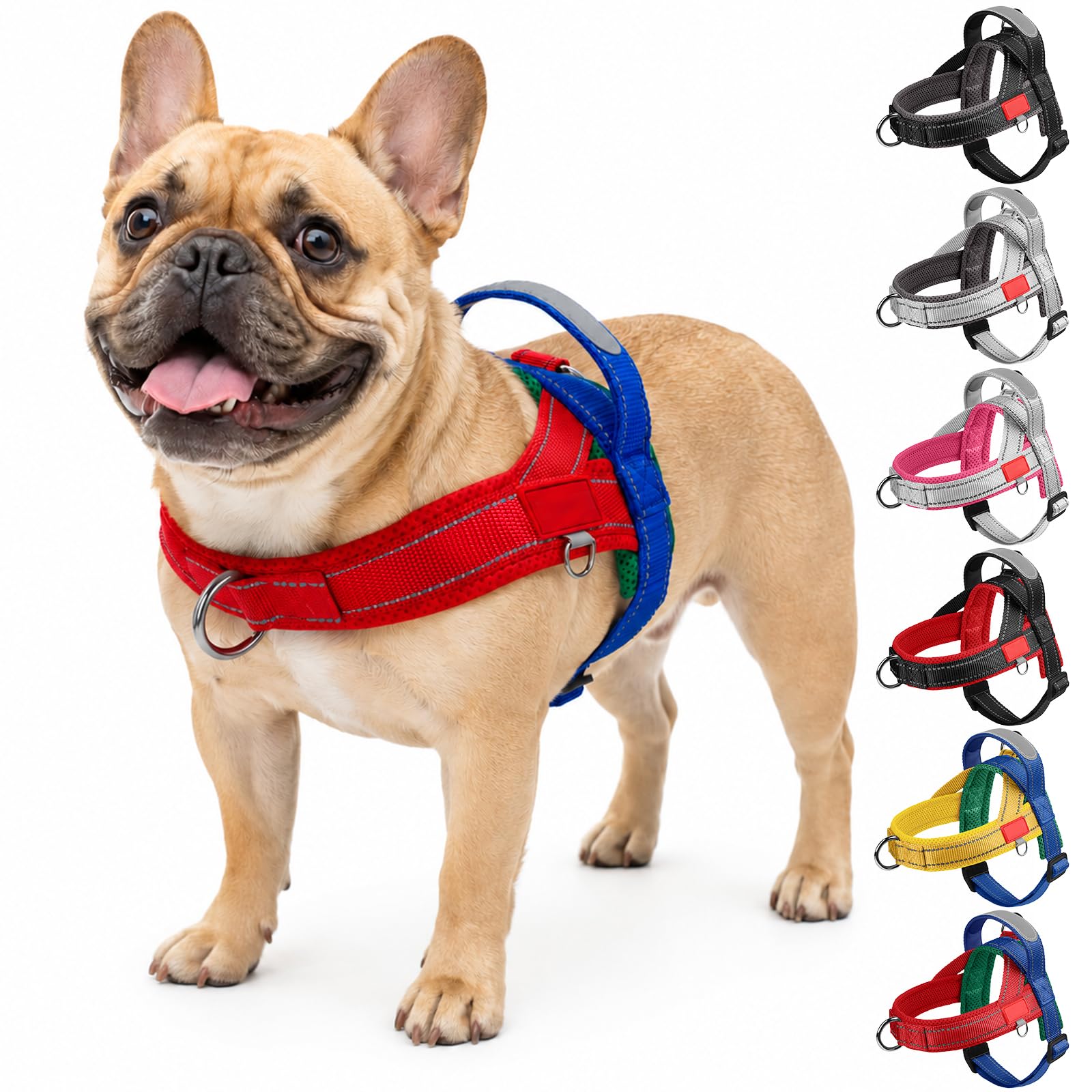 Olcyren No Pull Dog Harness, Reflective Adjustable Anti Pull Dog Harness with Front Back Clips, No-Choke Soft Padded Puppy Harness with Handle for Small Medium Dogs Walking (Blue Red, S)