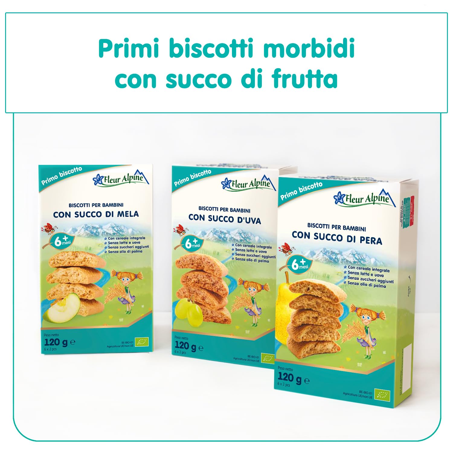 FLEUR ALPINE Biscotti Baby con Succo di Mela, 3x120g I Snack Alimento Completo per Bambini dai 6 Mesi in Su I Snack Fette Biscottate Integrali senza Zuccheri Aggiunti I 18x2 Biscotti