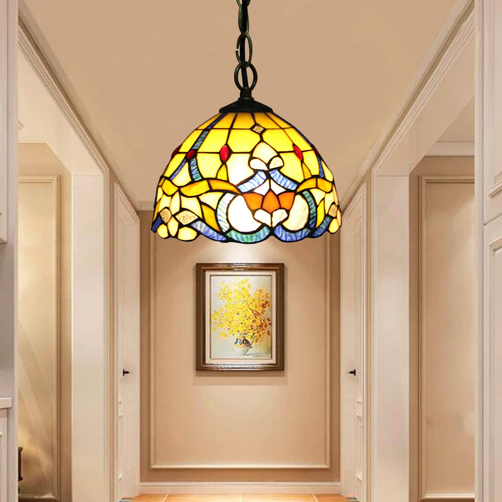 HJRegaFimu Pendant Light For Kitchen Island Floral Flowers Stained Glass Lampshade Farmhouse Hanging With Chain Mini Swag Chandelier Dining Room Hallway Closet (16in)