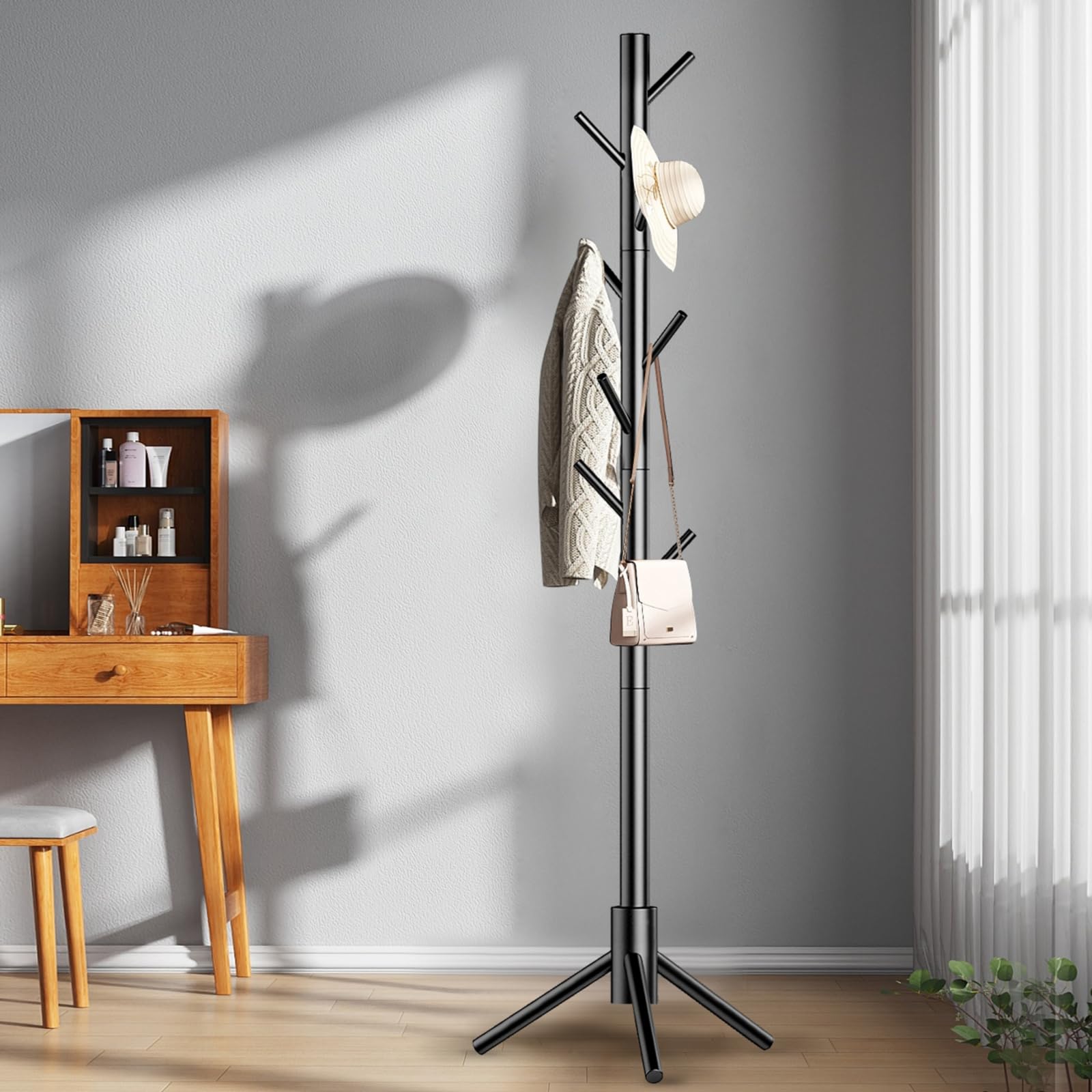 Kasunpul Porte-manteau en bois avec 8 crochets, 3 tailles réglables Porte-manteau en arbre pour la chambre, le couloir, le bureau, les vêtements, les chapeaux