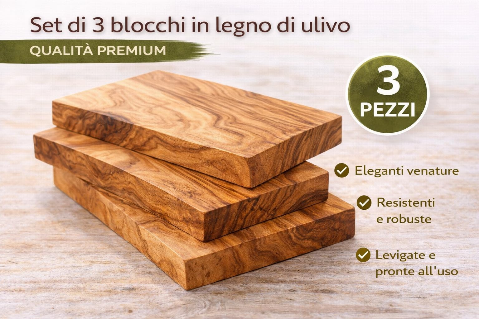 Blocchi in Legno di Ulivo Set da 3 – 5x15x1 cm – Legno Grezzo per Intaglio, CNC, Incisione, Pirografia e Fai da Te – Ideale per Manici Coltelli e Artigianato