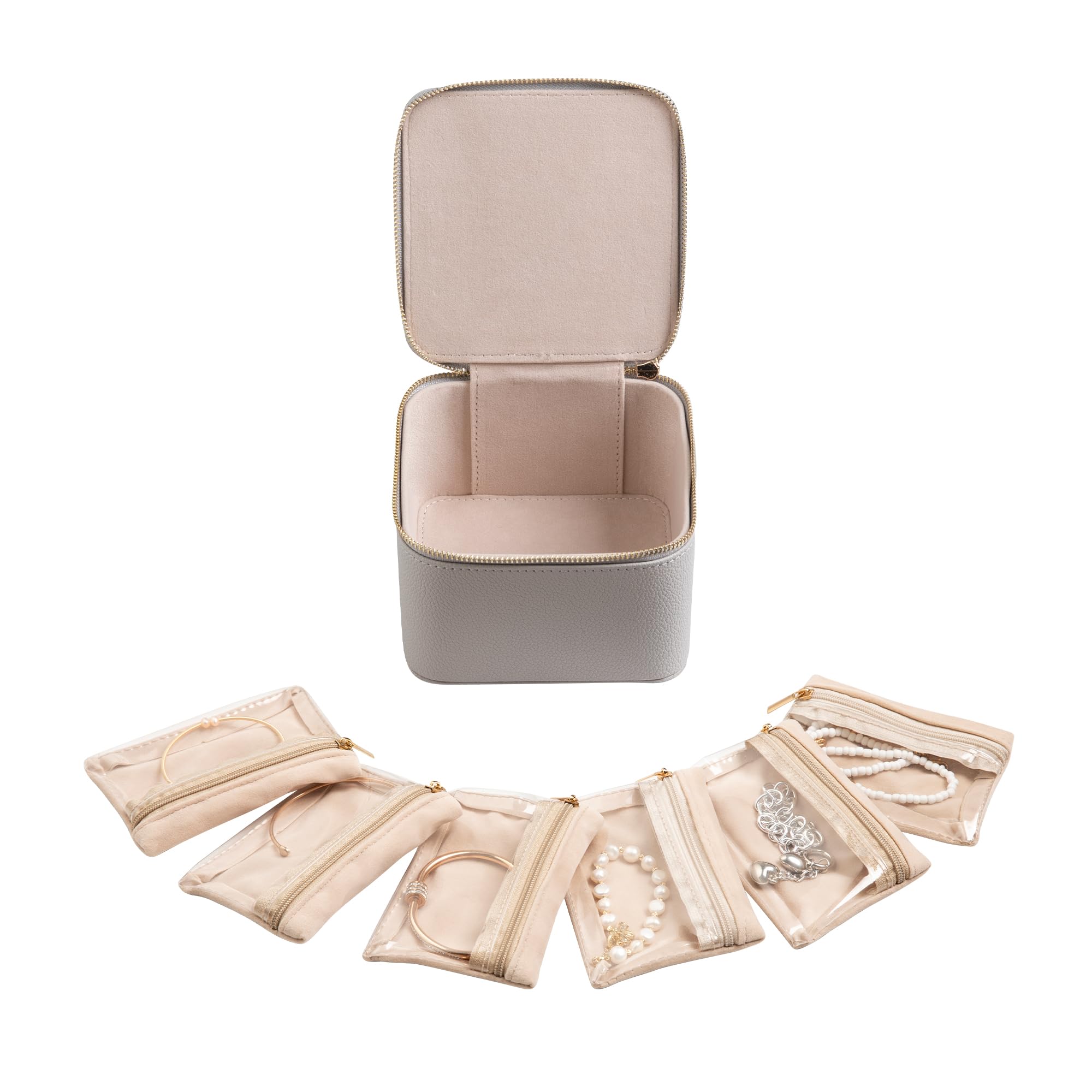 Frebeauty Small Travel Jewelry Box Travel Jewelry Case with 6 Pouch Bags Portable Travel Jewelry Organizer Mini Jewelry